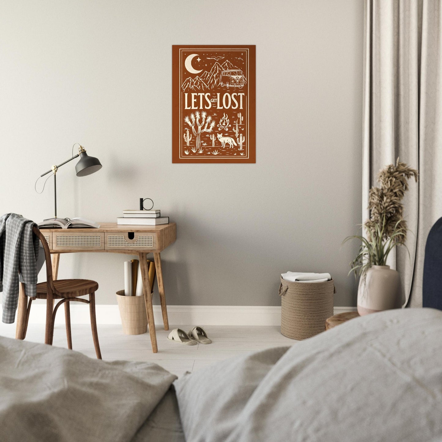 Room interior with a desk, lamp, and 'Let's Get Lost' poster on a wall.