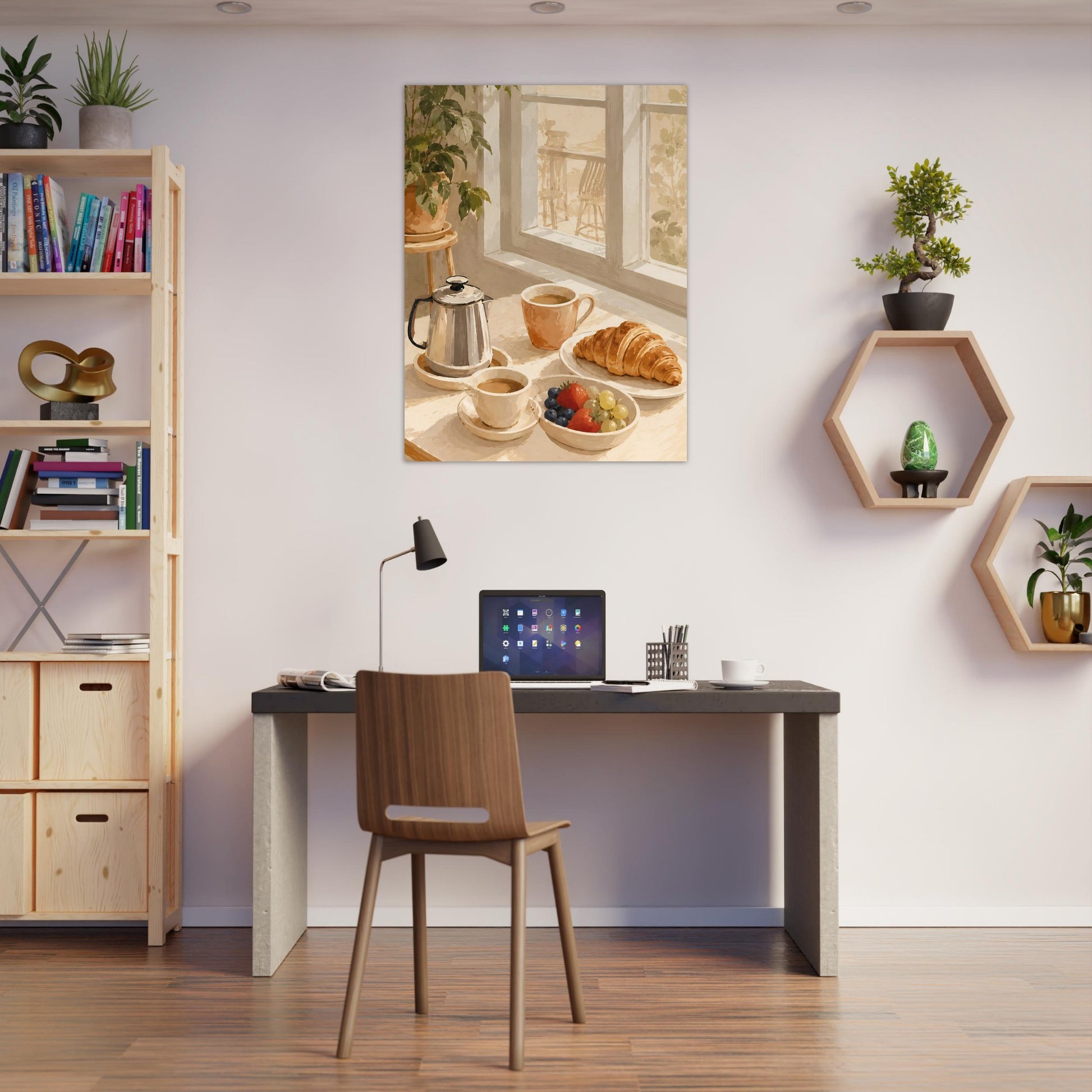 Modern home office with a desk, chair, and wall art depicting a breakfast scene.