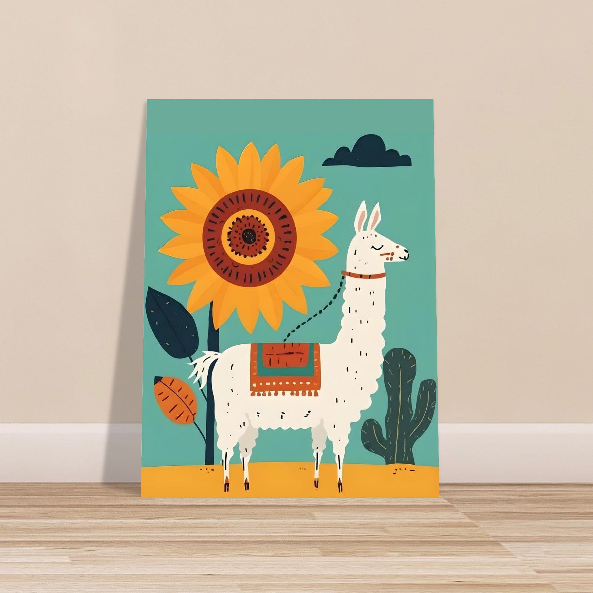 Poster of a llama and sunflower on a teal background in a room.