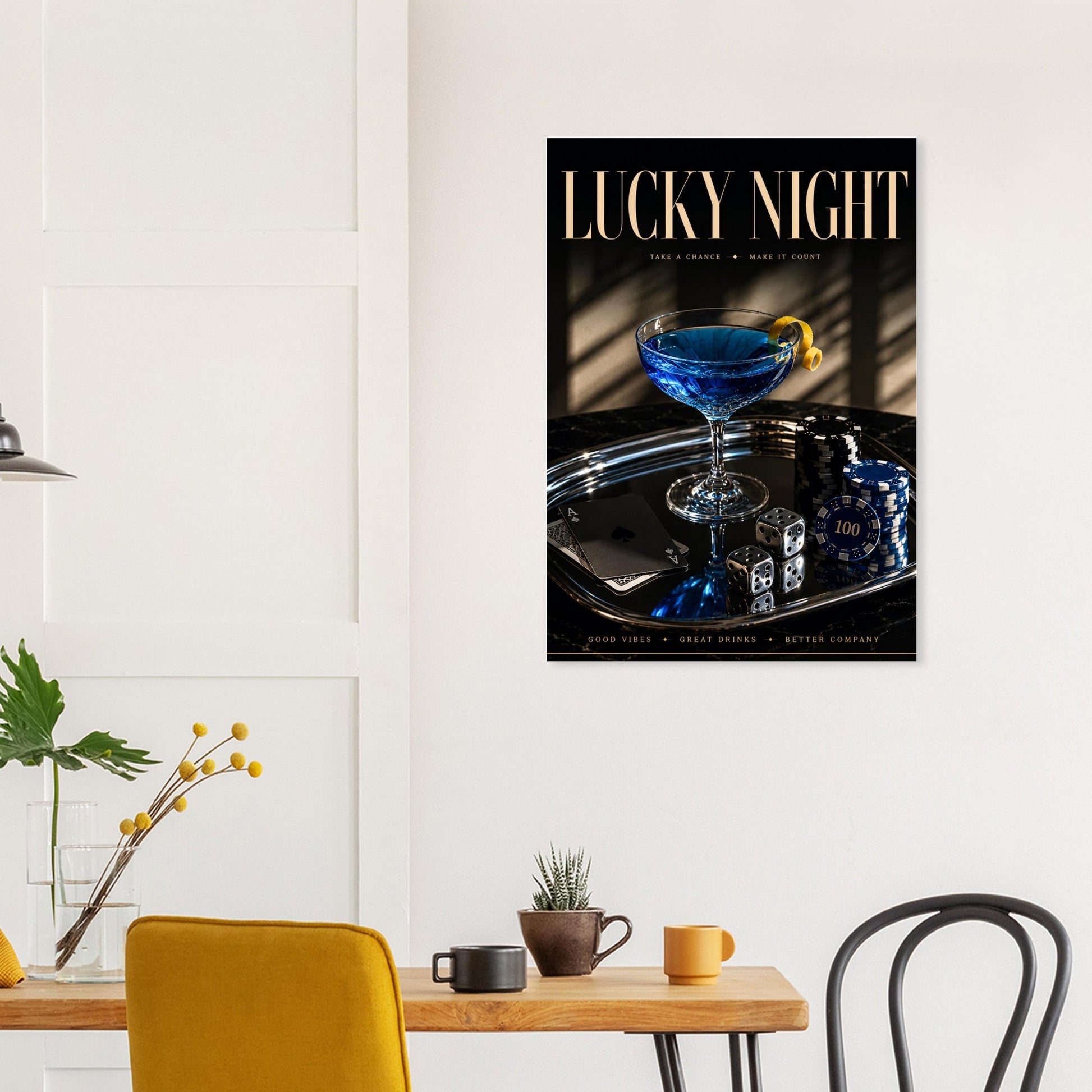 LUCKY NIGHT blue daiquiri poster mockup styled in a modern dining room with yellow accent chairs