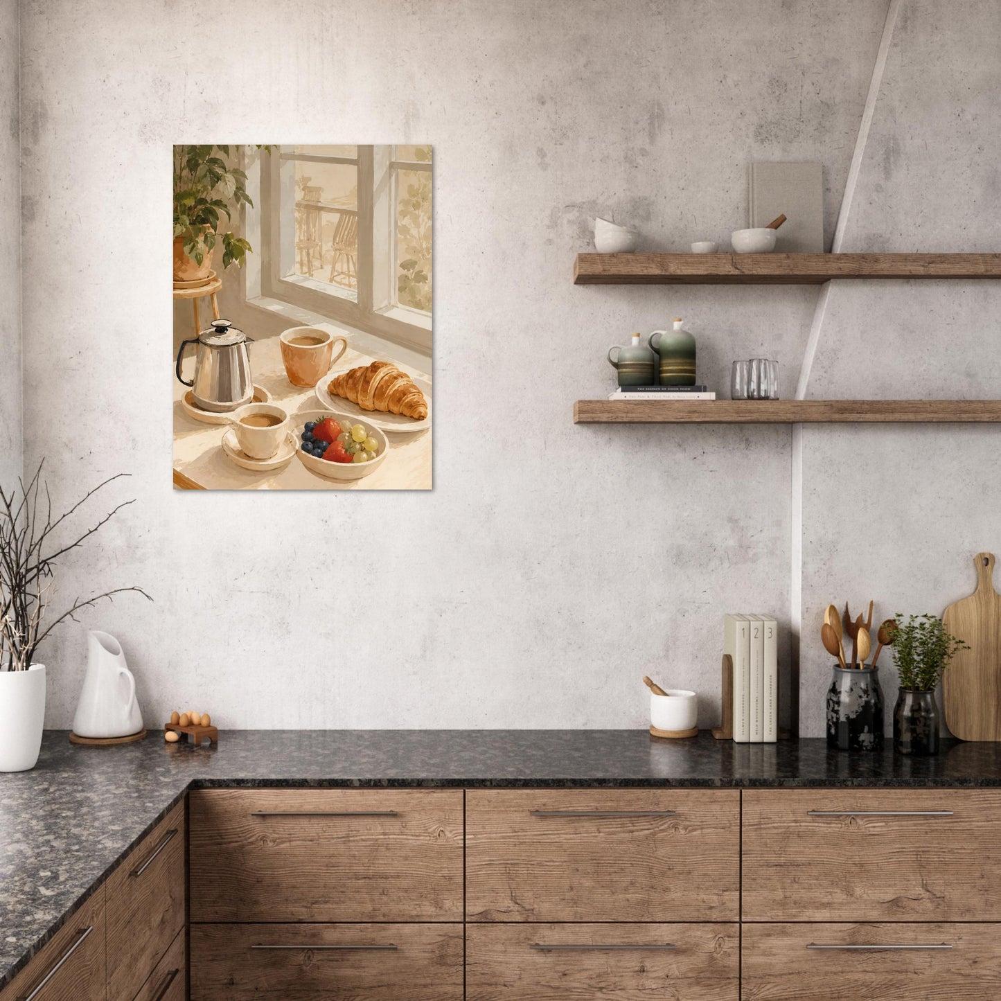 Kitchen interior with a painting of a breakfast scene on the wall.
