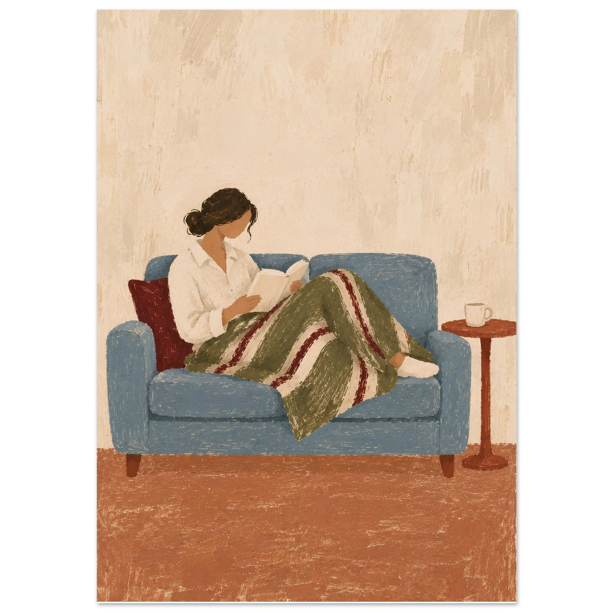 A painting-style illustration of a woman sitting on a blue sofa and reading under a green striped blanket, with a small side table holding a mug beside her. The artwork fills most of the frame against a white surround.