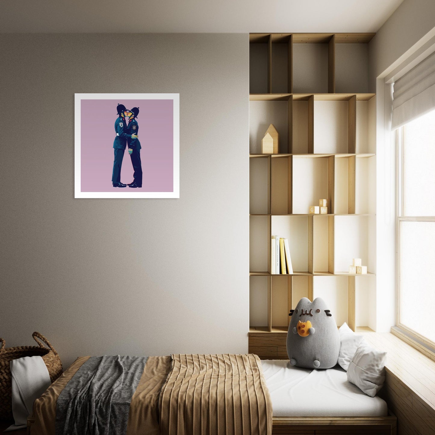 Room interior with a bed, shelves, and a framed picture on the wall.