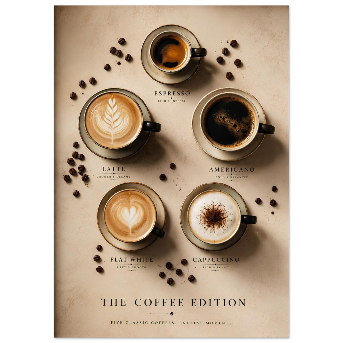 Poster of different coffee types with cups and coffee beans on a beige 