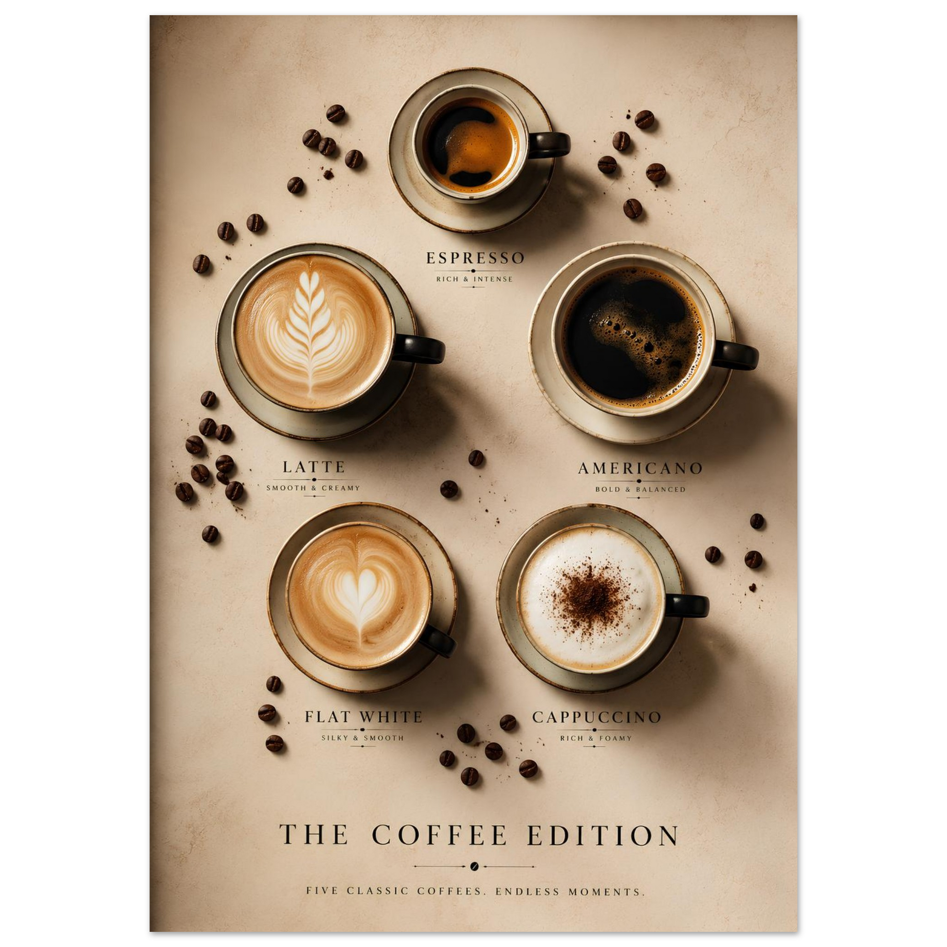 Poster of different coffee types with cups and coffee beans on a beige 