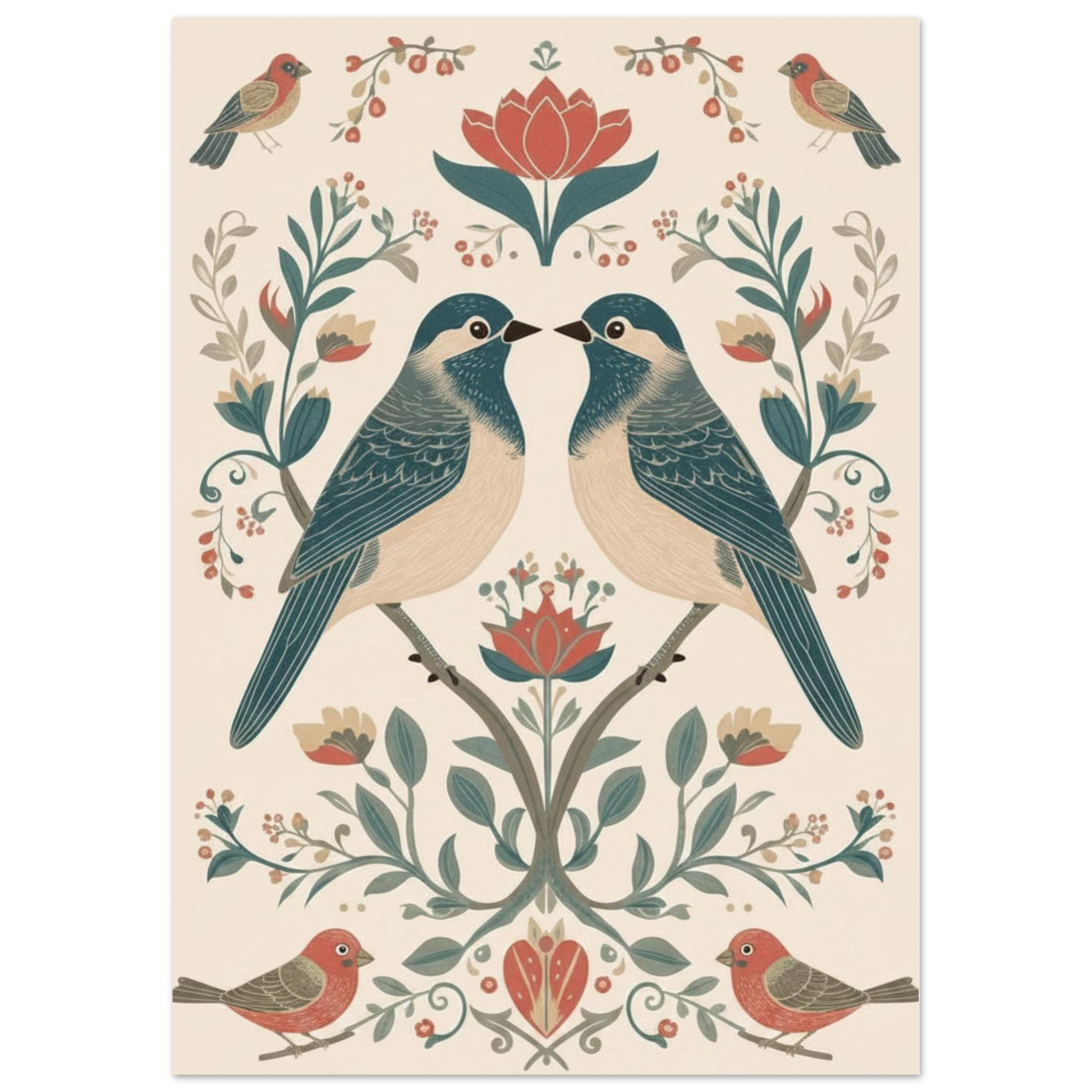 Close-up of Scandinavian folk art bird poster showing detailed floral and symmetrical design
