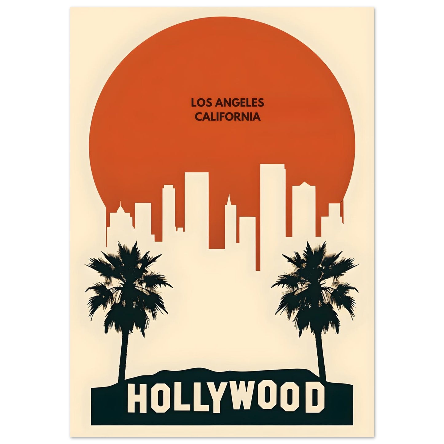 Poster of Los Angeles skyline with palm trees and 'Hollywood' text.