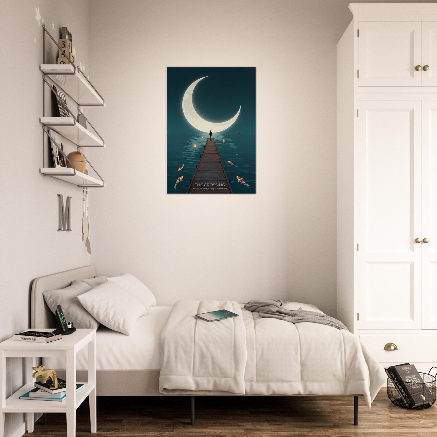 The Crossing poster hanging above a bed in a bright bedroom, featuring a dreamlike crescent moon and peaceful waterscape.