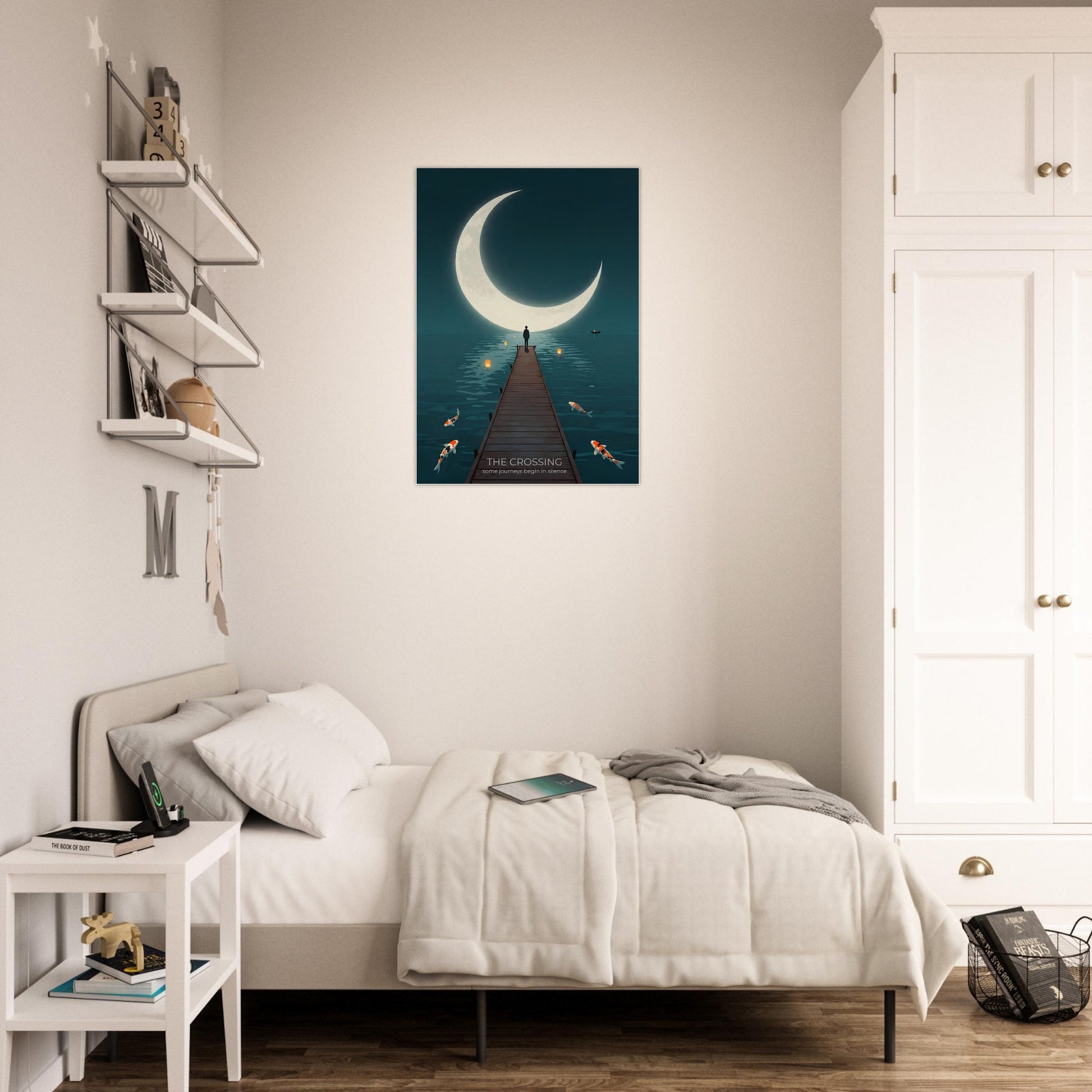 The Crossing poster hanging above a bed in a bright bedroom, featuring a dreamlike crescent moon and peaceful waterscape.