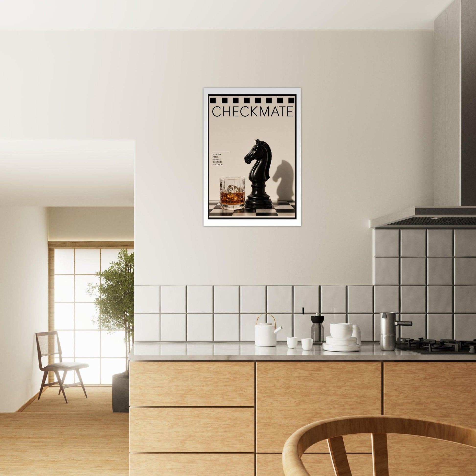 Kitchen interior with a 'Checkmate' poster on the wall