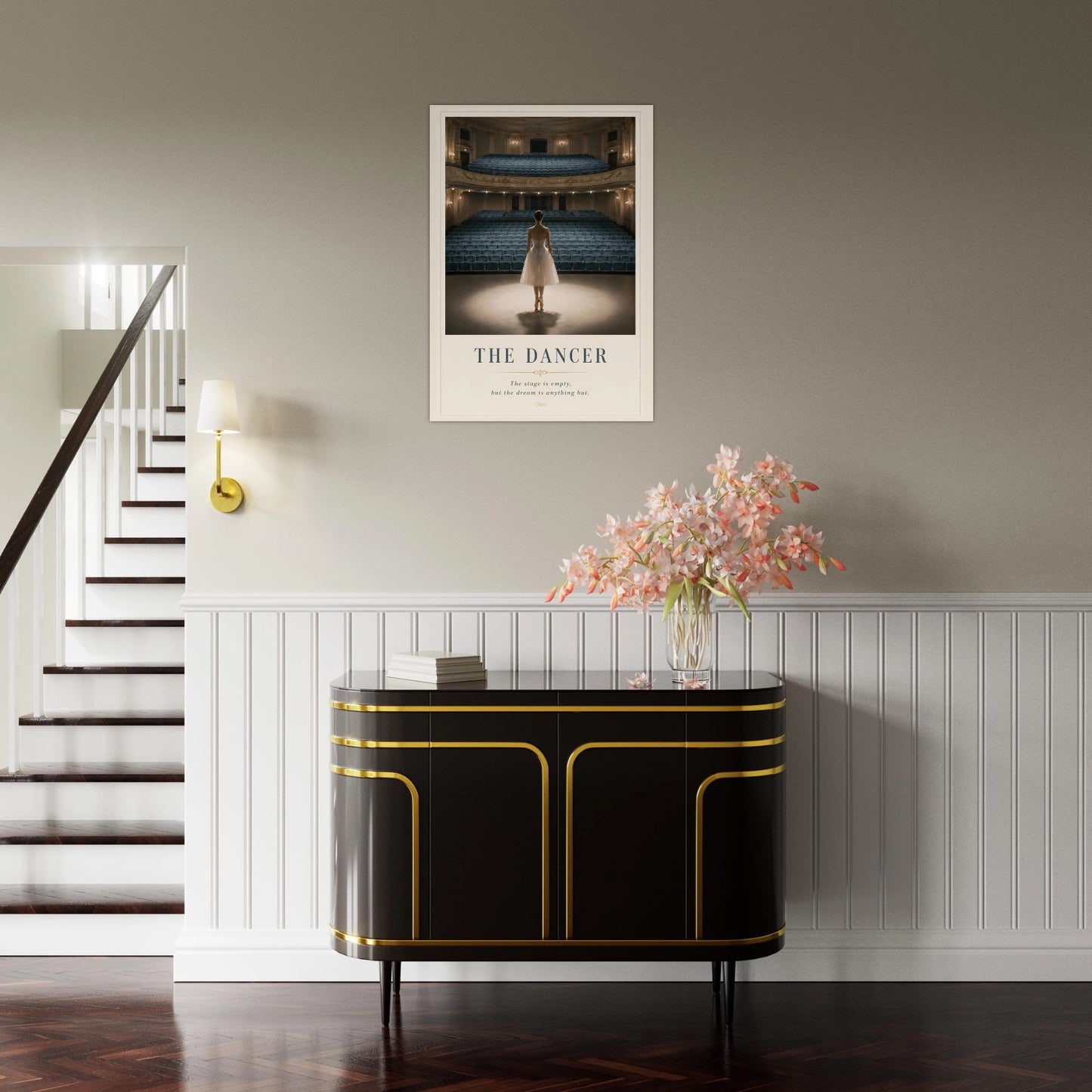 The Dancer fine art print displayed above a contemporary sideboard in a stylish modern interior.