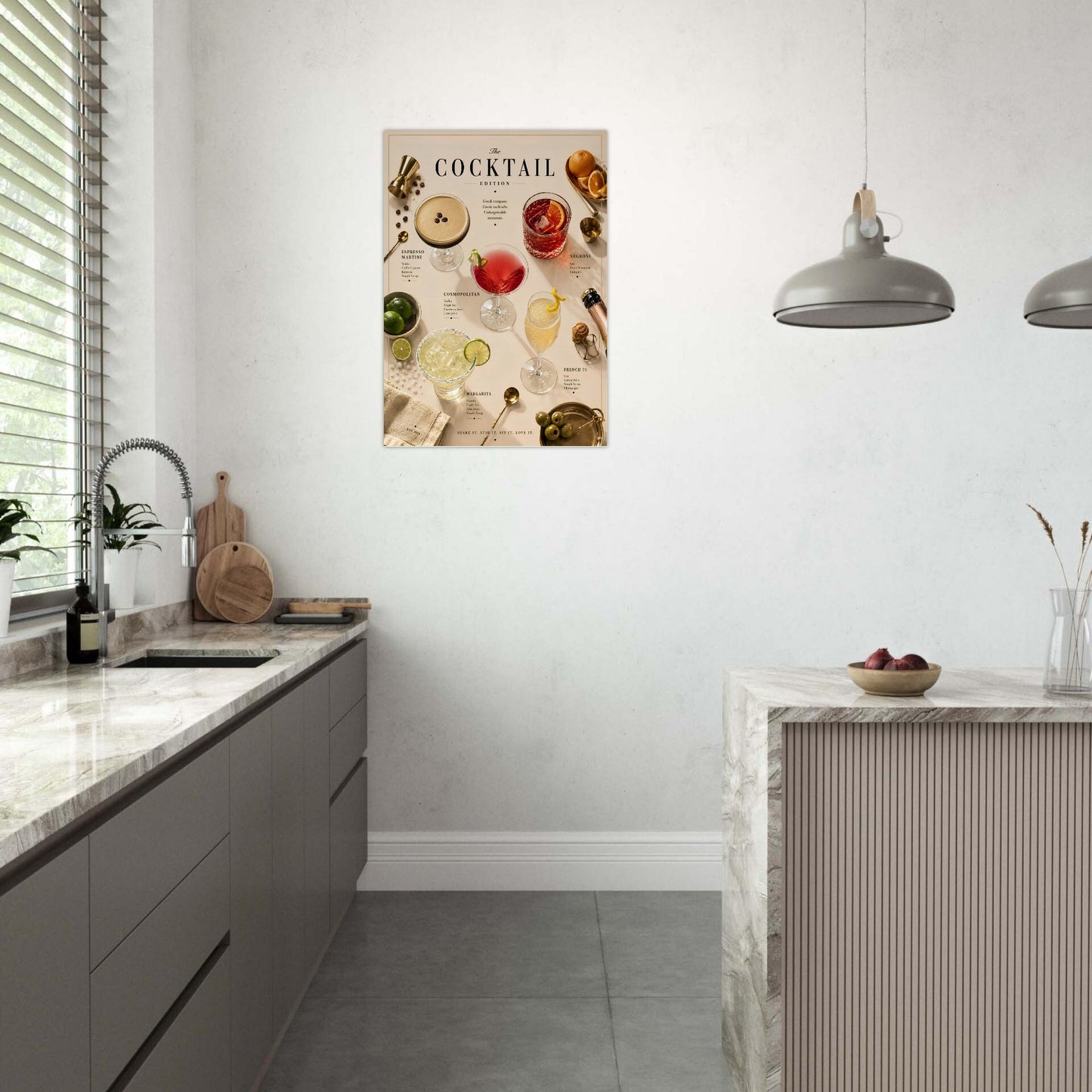Cocktail Edition Poster displayed in a contemporary kitchen with modern décor and luxury cocktail-inspired artwork.