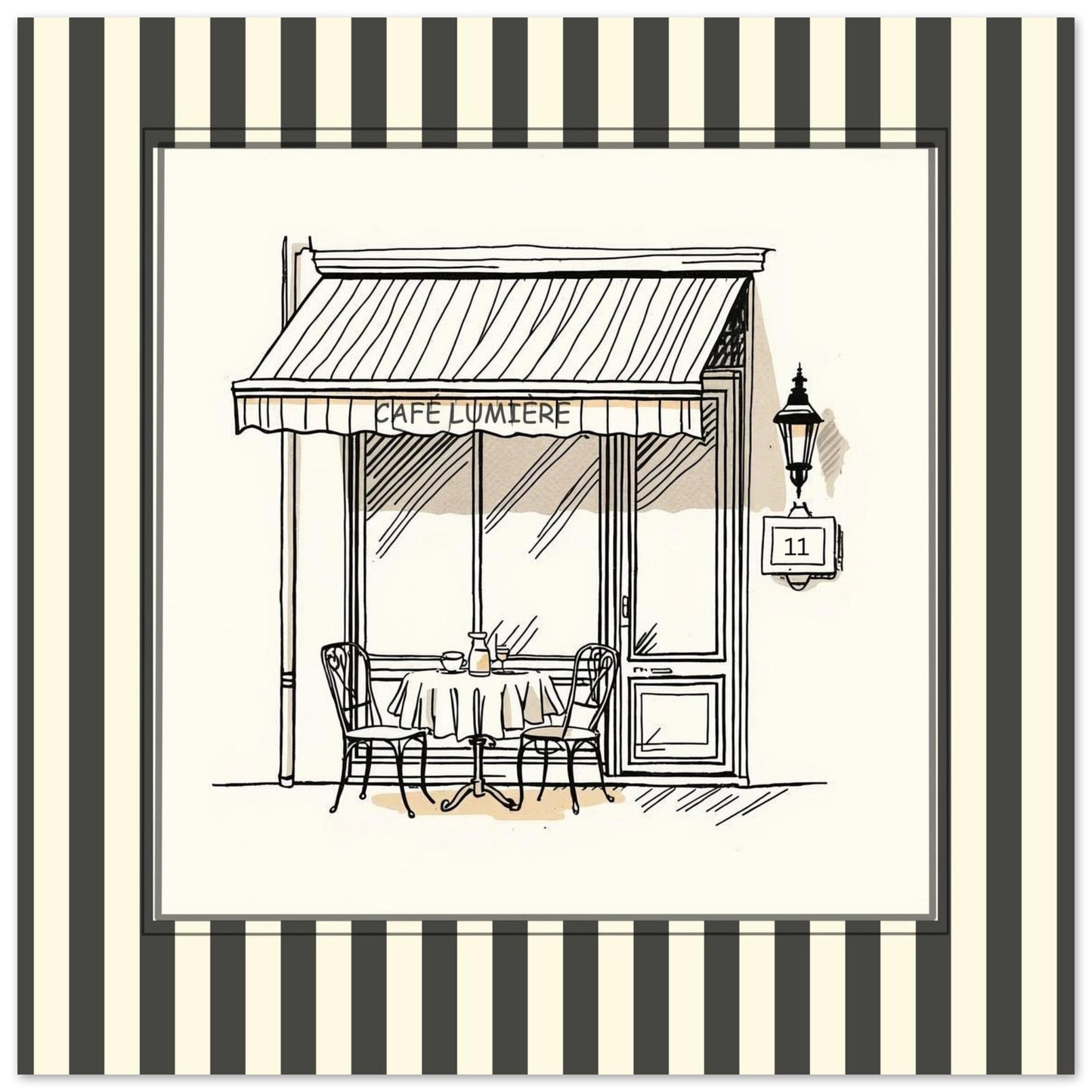 Close-up of Café Lumière Paris square art print with striped border