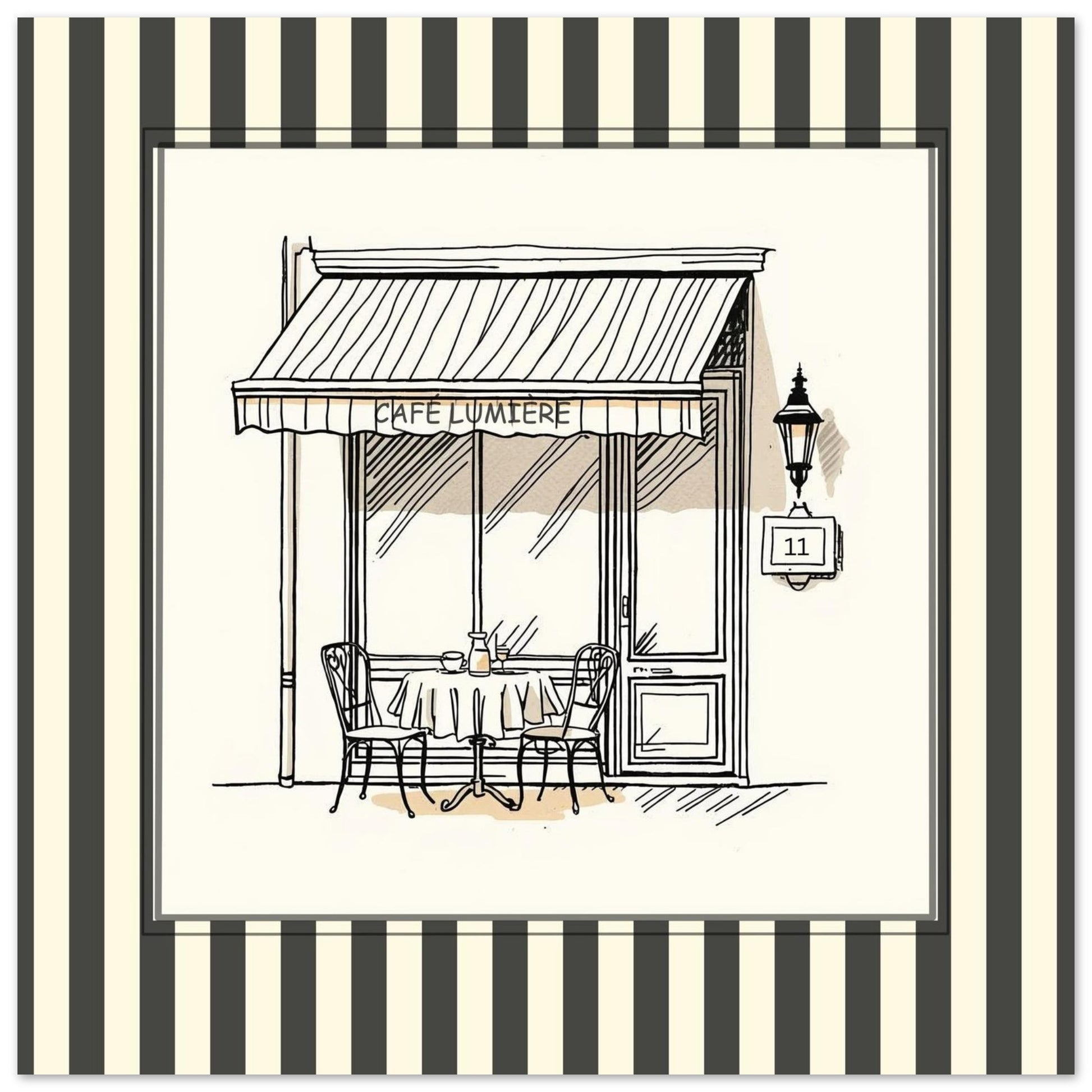 Close-up of Café Lumière Paris square art print with striped border