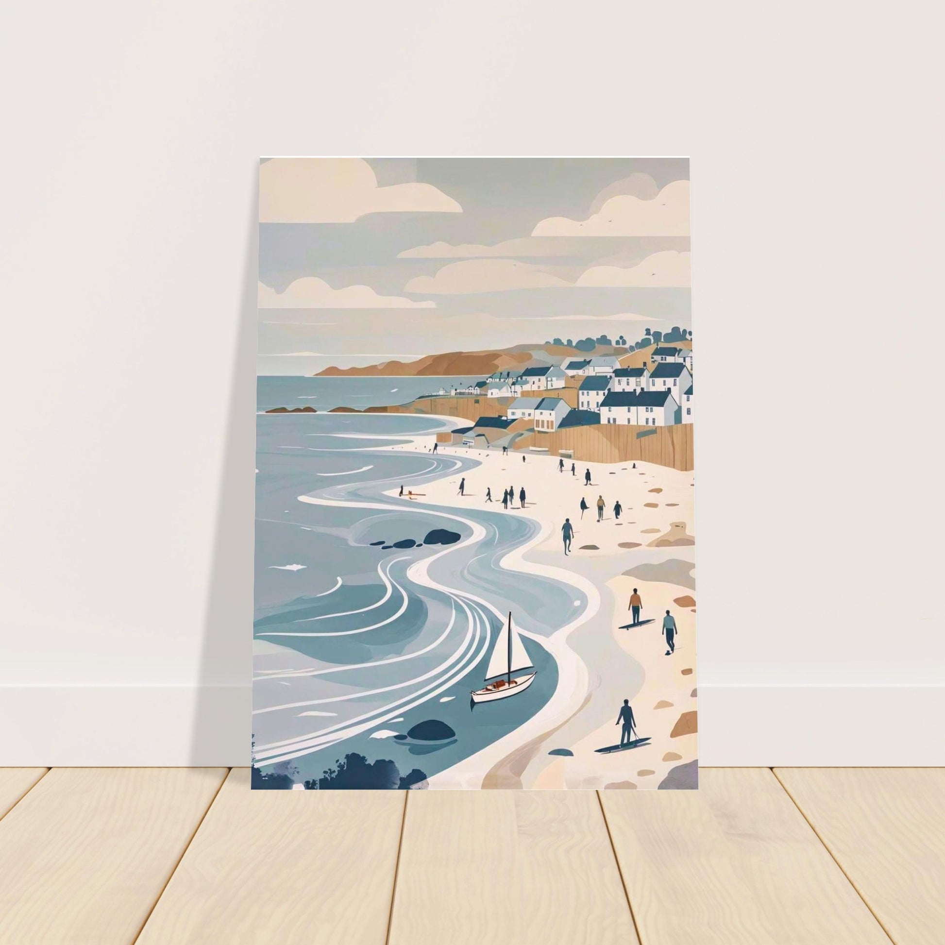 Unframed coastal village and flowing waves art print leaning against a wall