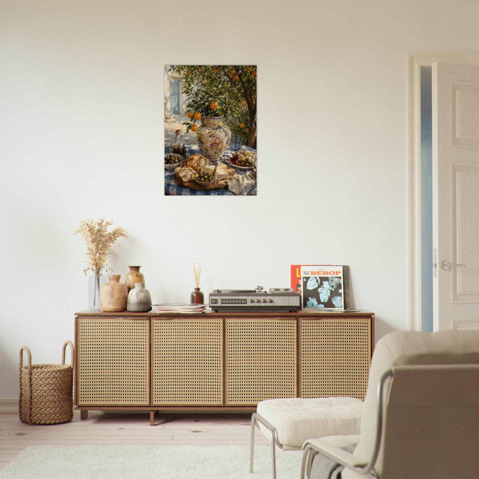 Rustic Mediterranean kitchen featuring Amalfi Coast inspired still life artwork situated in a cosy lounge above a sideboard