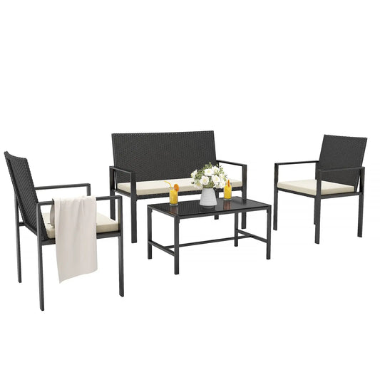 Garden Furniture Set Outdoor Corner Sofa Couch 4Pcs Handwoven Rattan Patio Conversation Set, Cushions and Glass Table