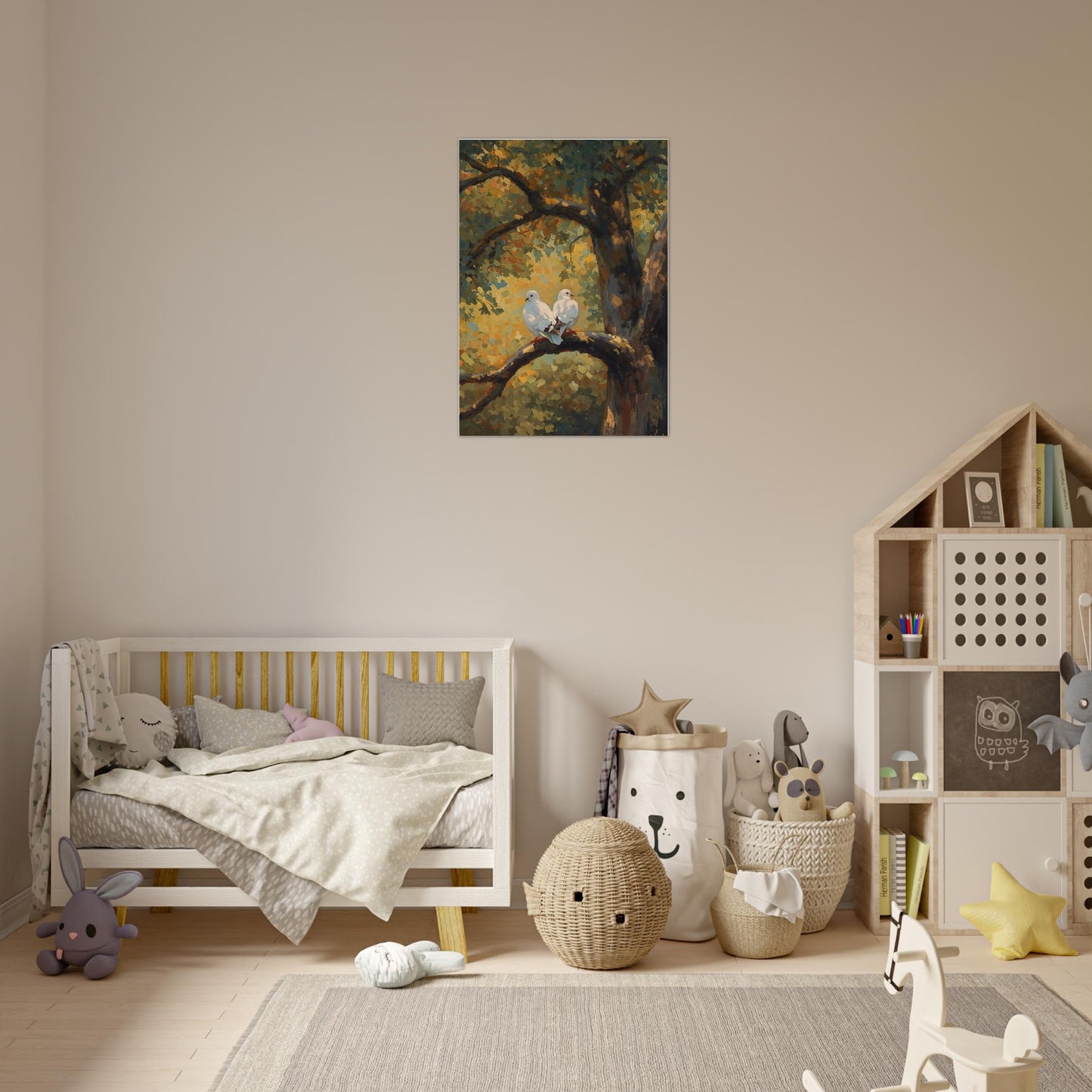 Children's bedroom with a bed, toys, and a wall painting of birds on a branch.