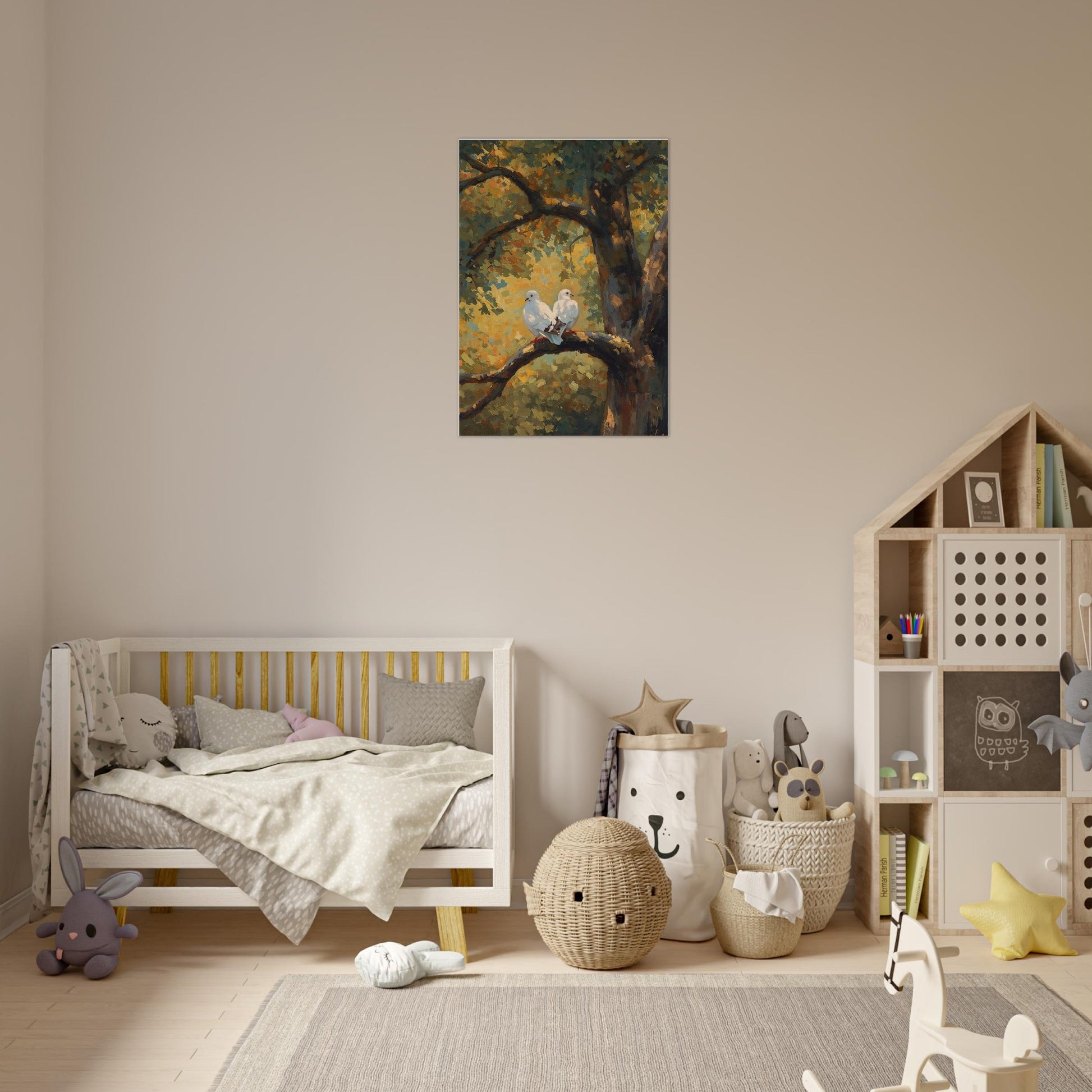 Children's bedroom with a bed, toys, and a wall painting of birds on a branch.