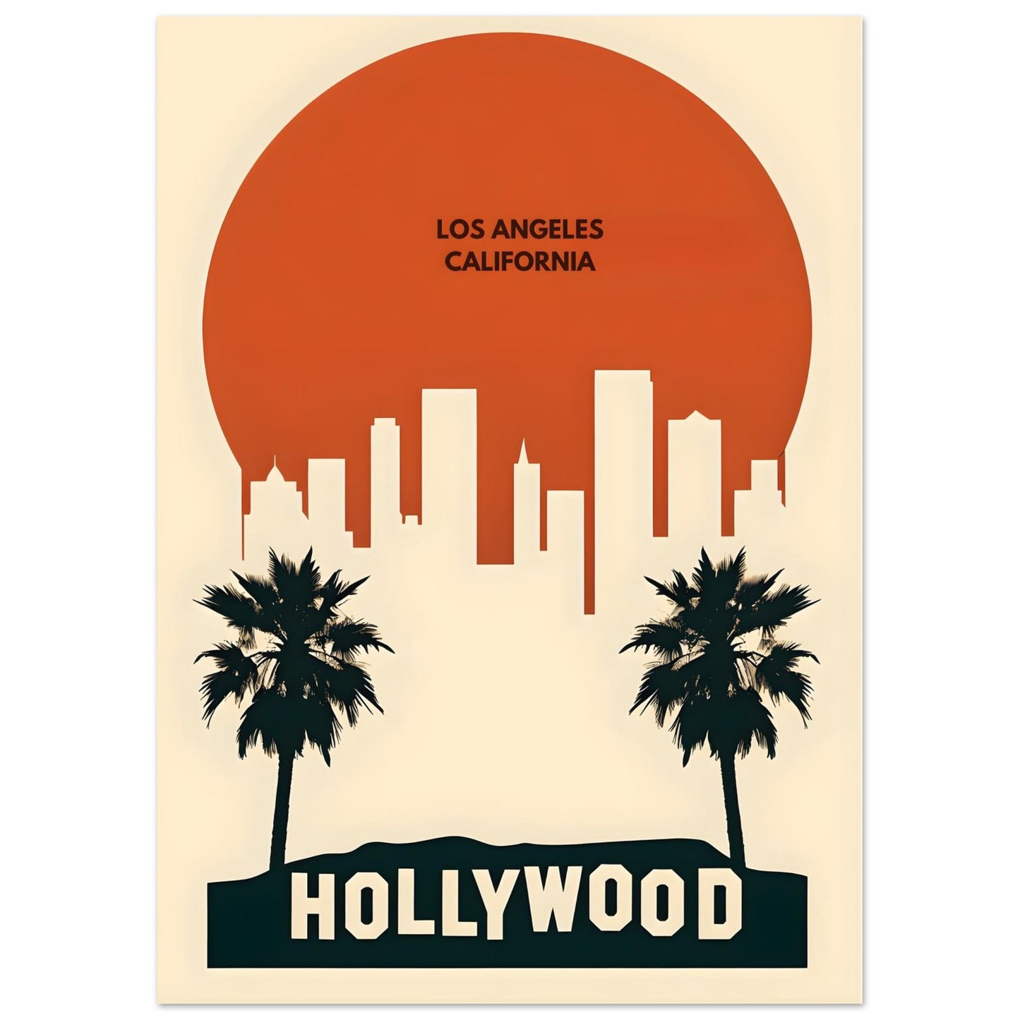 Poster of Los Angeles with palm trees and 'Hollywood' text.