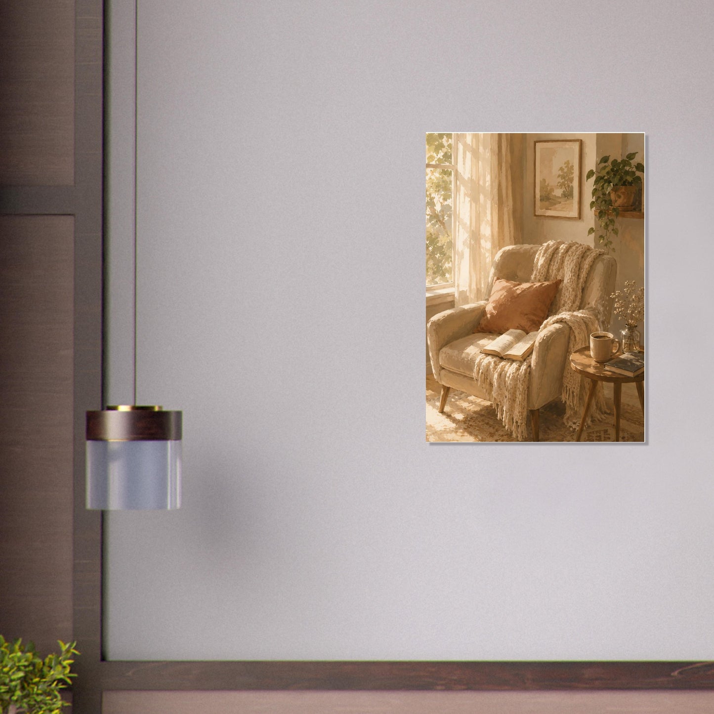 Warm neutral reading corner wall art styled above a shelf on a coffee brown wall