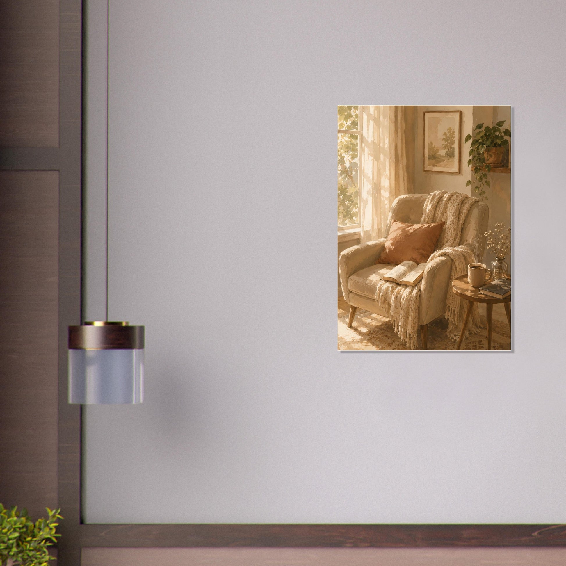 Warm neutral reading corner wall art styled above a shelf on a coffee brown wall