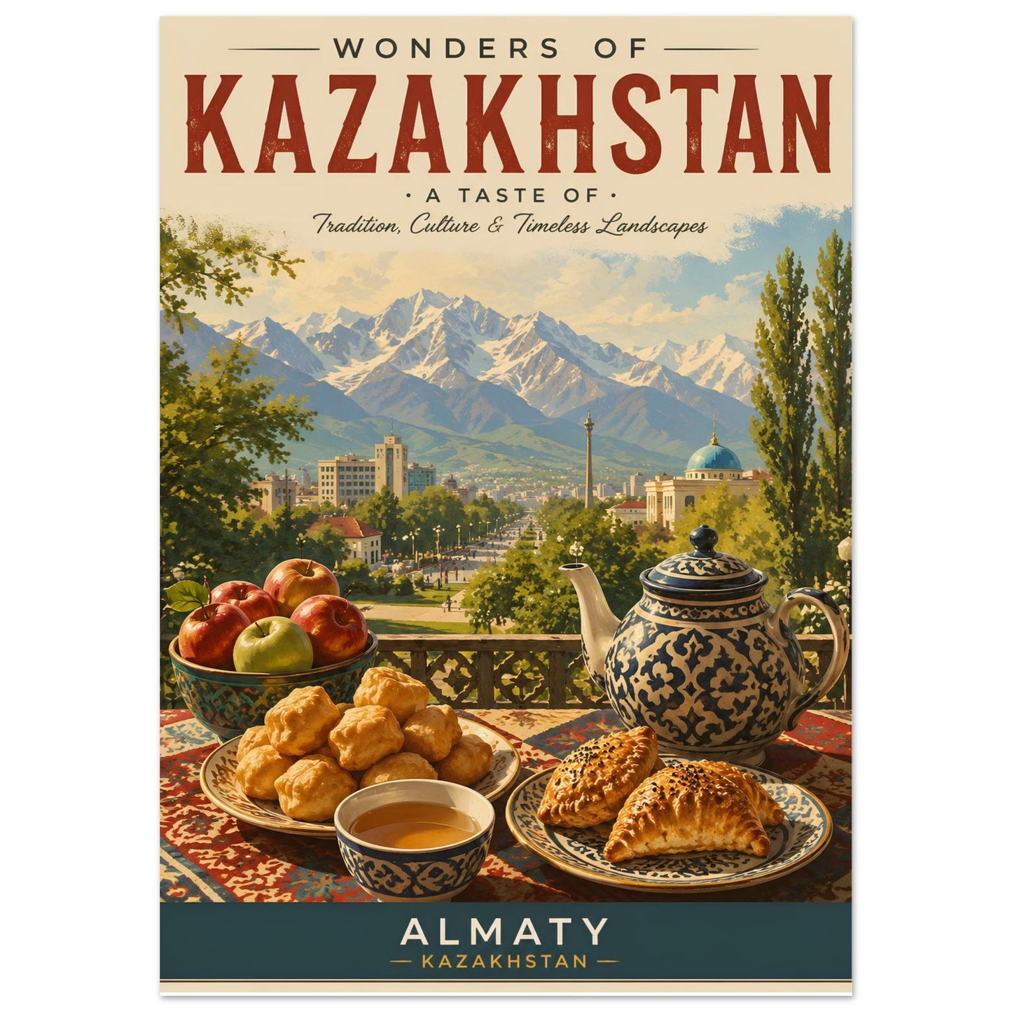 Poster of 'Wonders of Kazakhstan' with scenic view and traditional food items.