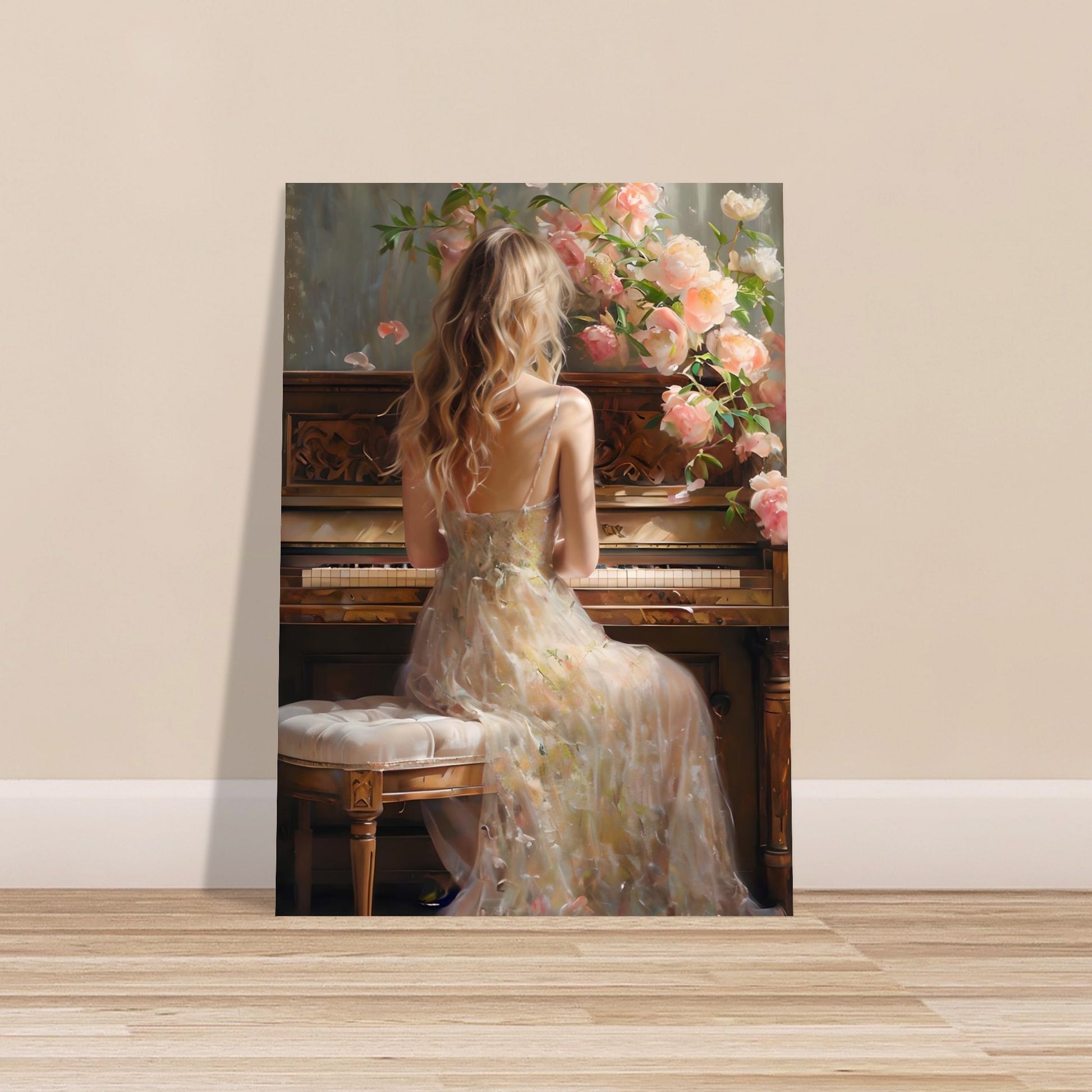 Framed artwork of a woman in a floral dress sitting at a piano with flowers.