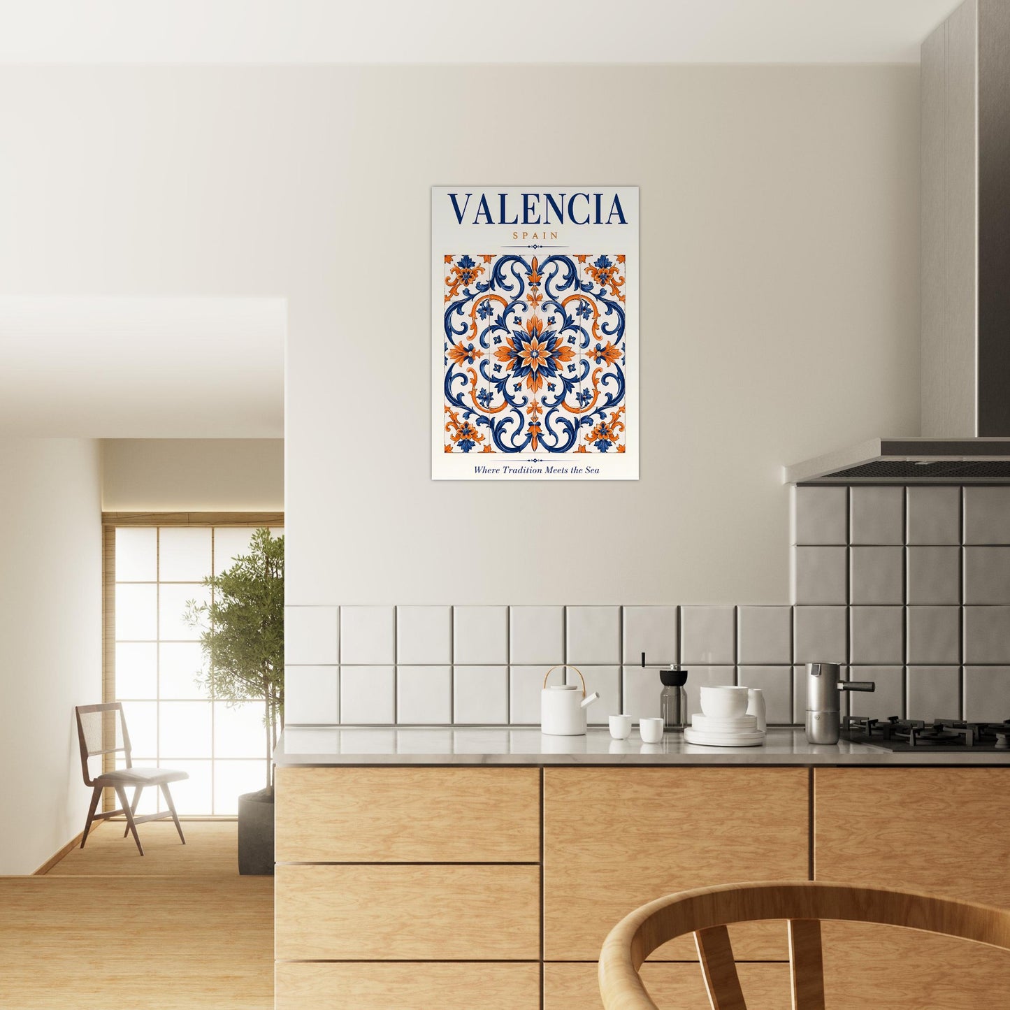 Valencia Mediterranean tile wall art displayed in a bright modern kitchen and dining space.