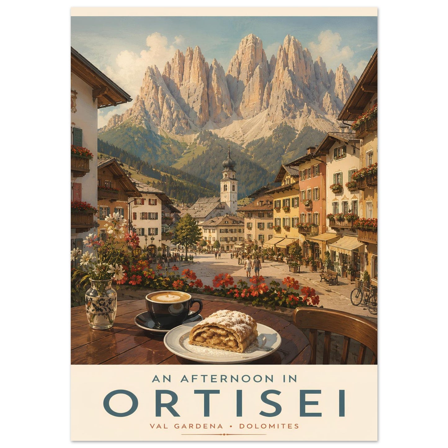 Close-up of the Ortisei travel poster featuring flower-filled alpine streets, café culture and the dramatic peaks of the Dolomites in northern Italy
