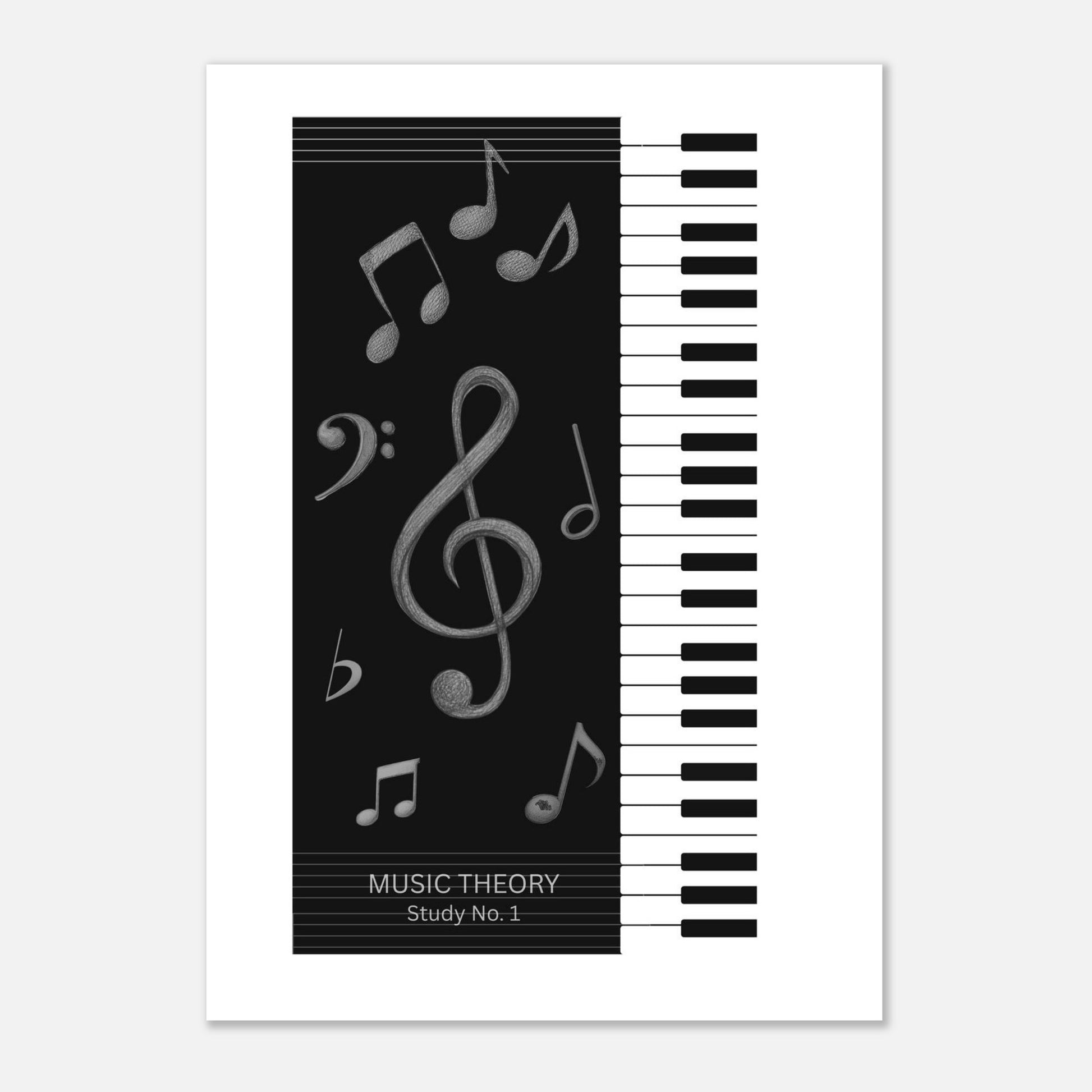 Poster with musical notes and keyboard design on a white background