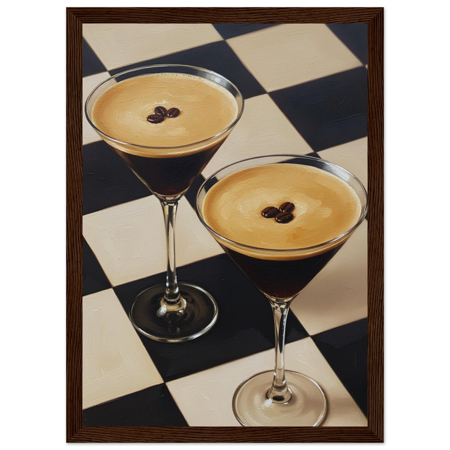 Framed Espresso Martini print featuring two classic cocktails with rich coffee tones and a geometric checkerboard pattern.