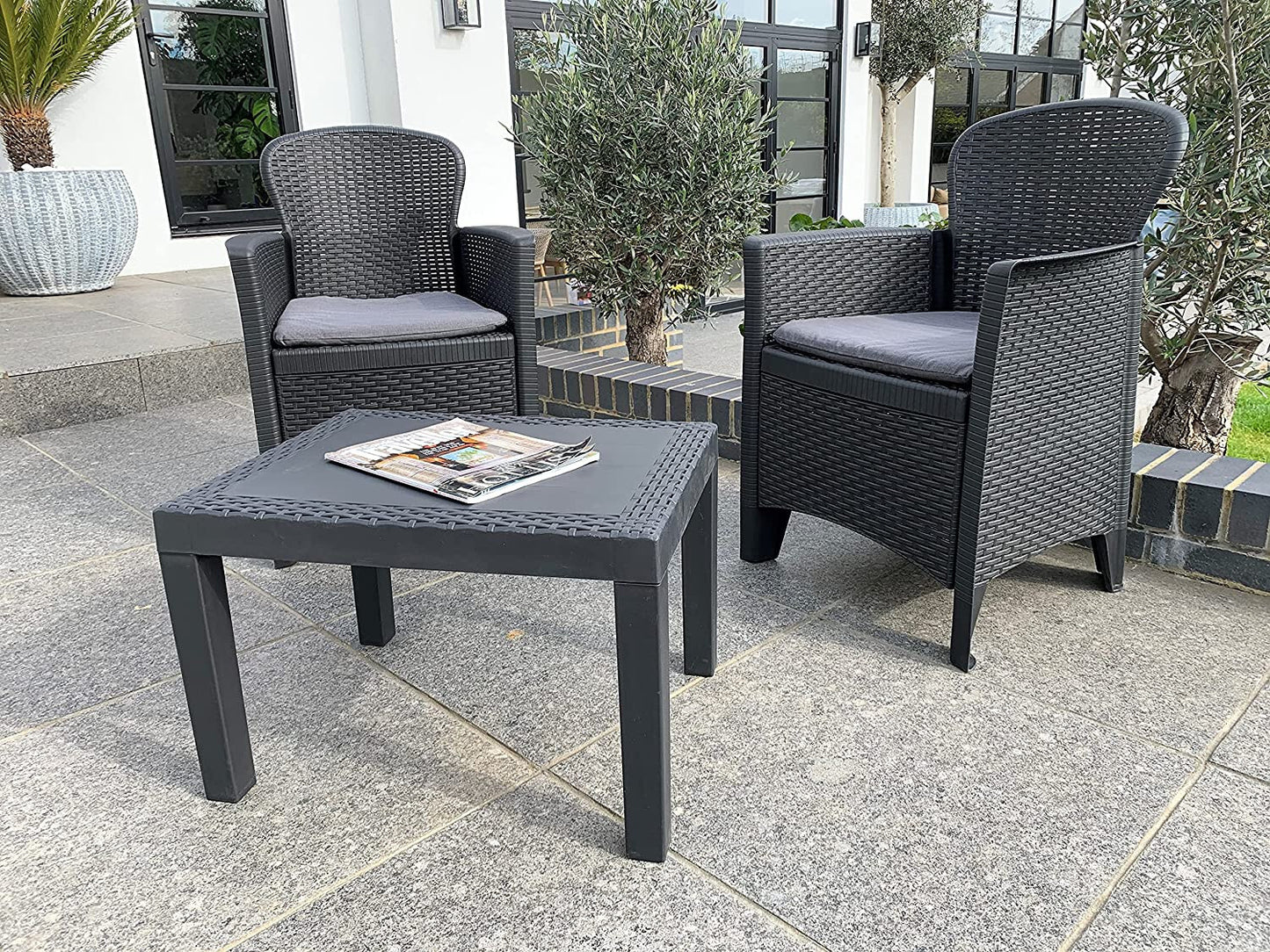 3Pc Bistro Garden Furniture Set Table Chairs Cushions Rattan Effect Dark Grey