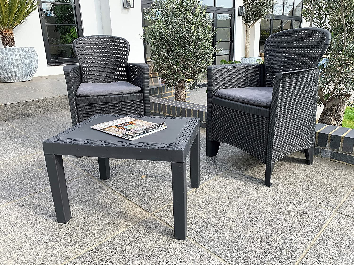 3Pc Bistro Garden Furniture Set Table Chairs Cushions Rattan Effect Dark Grey