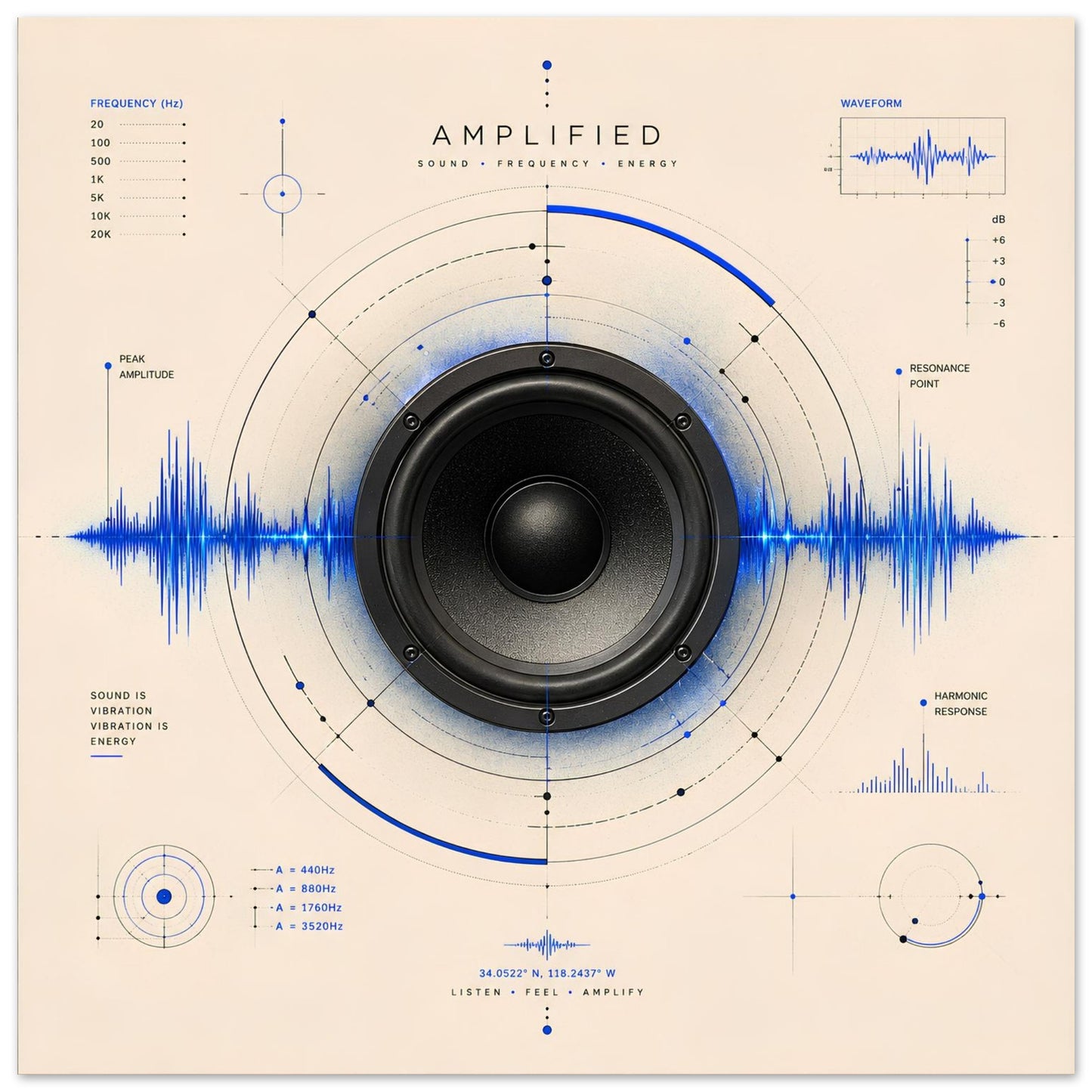 Close-up of the Amplified minimalist speaker poster featuring electric blue sound waves, frequency diagrams and geometric acoustic design.