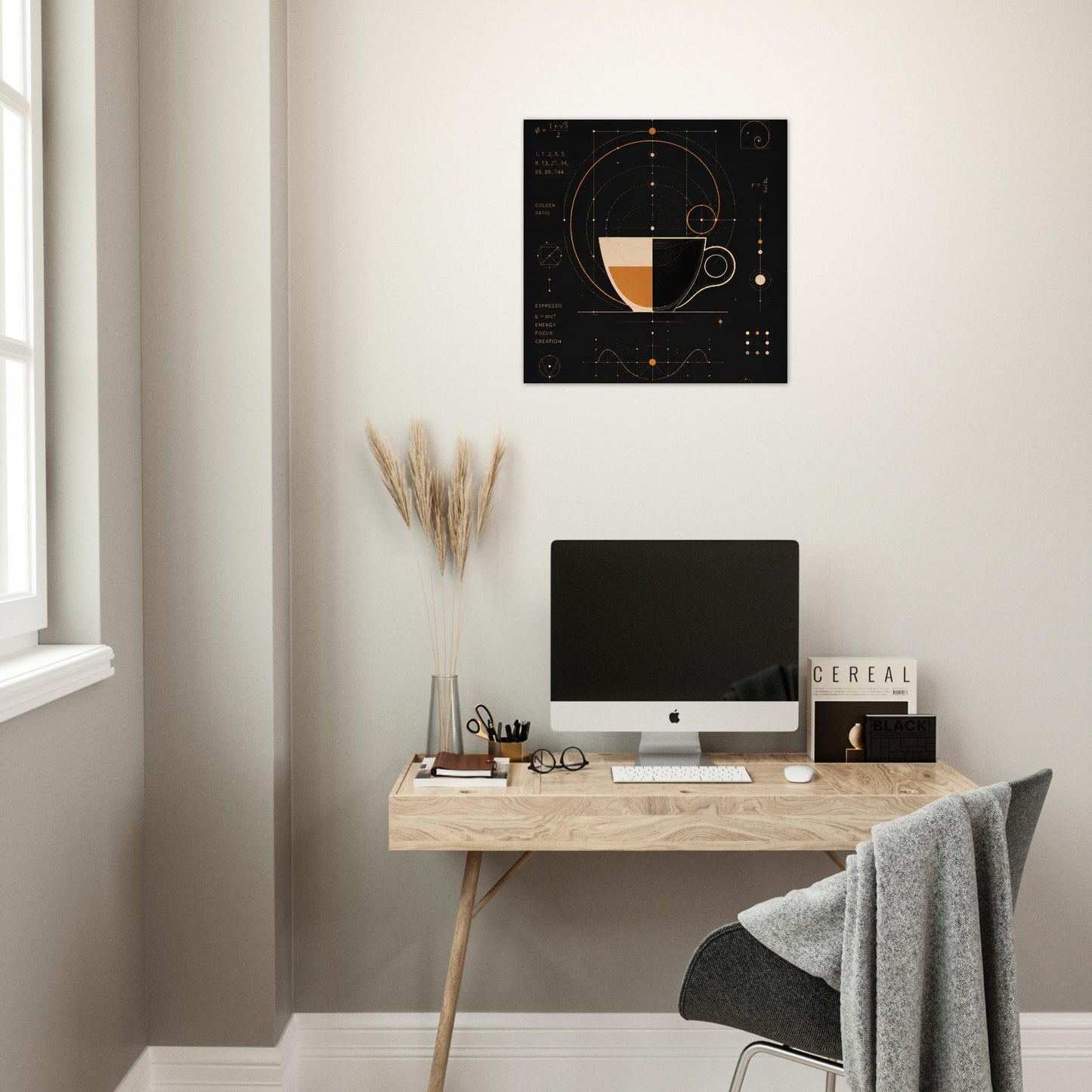 Mathematical coffee wall art displayed above a minimalist home office desk and workspace.