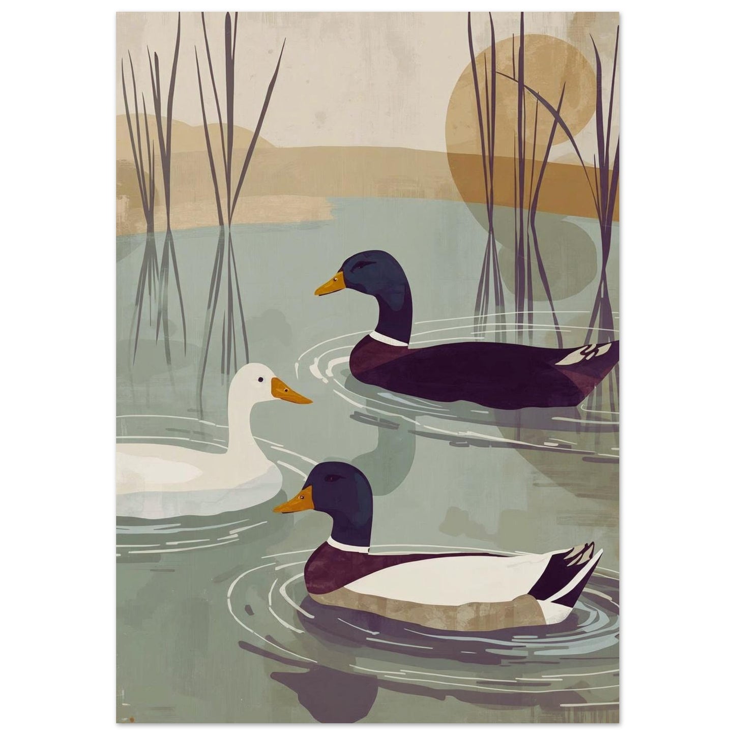 Illustration poster of three ducks swimming in a pond with reeds and a sunset in the background.