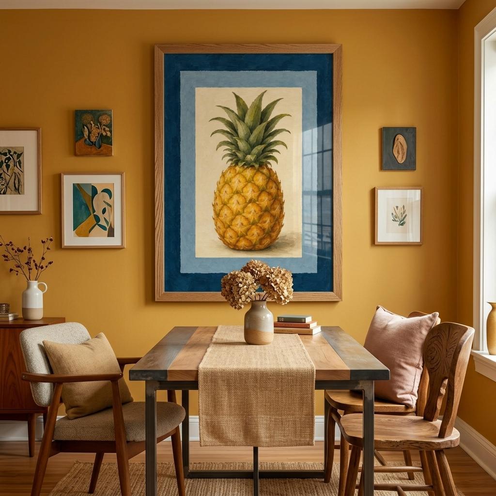 A framed art print of a pineapple on a mustard yellow wall in a dining room setting with a wooden table, chairs, and a vase of dried flowers.