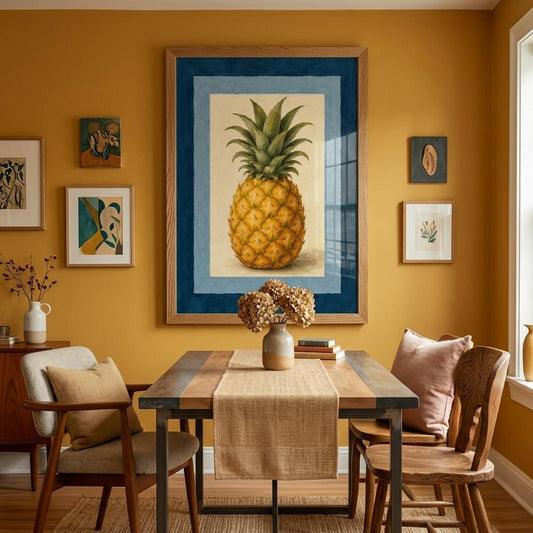A framed art print of a pineapple on a mustard yellow wall in a dining room setting with a wooden table, chairs, and a vase of dried flowers.
