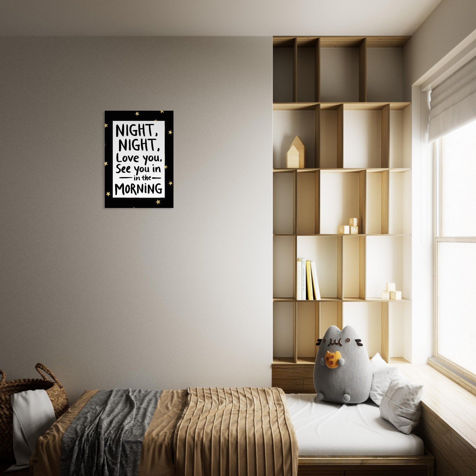 Children's bedroom with a shelf, bed, and decorative pillow.