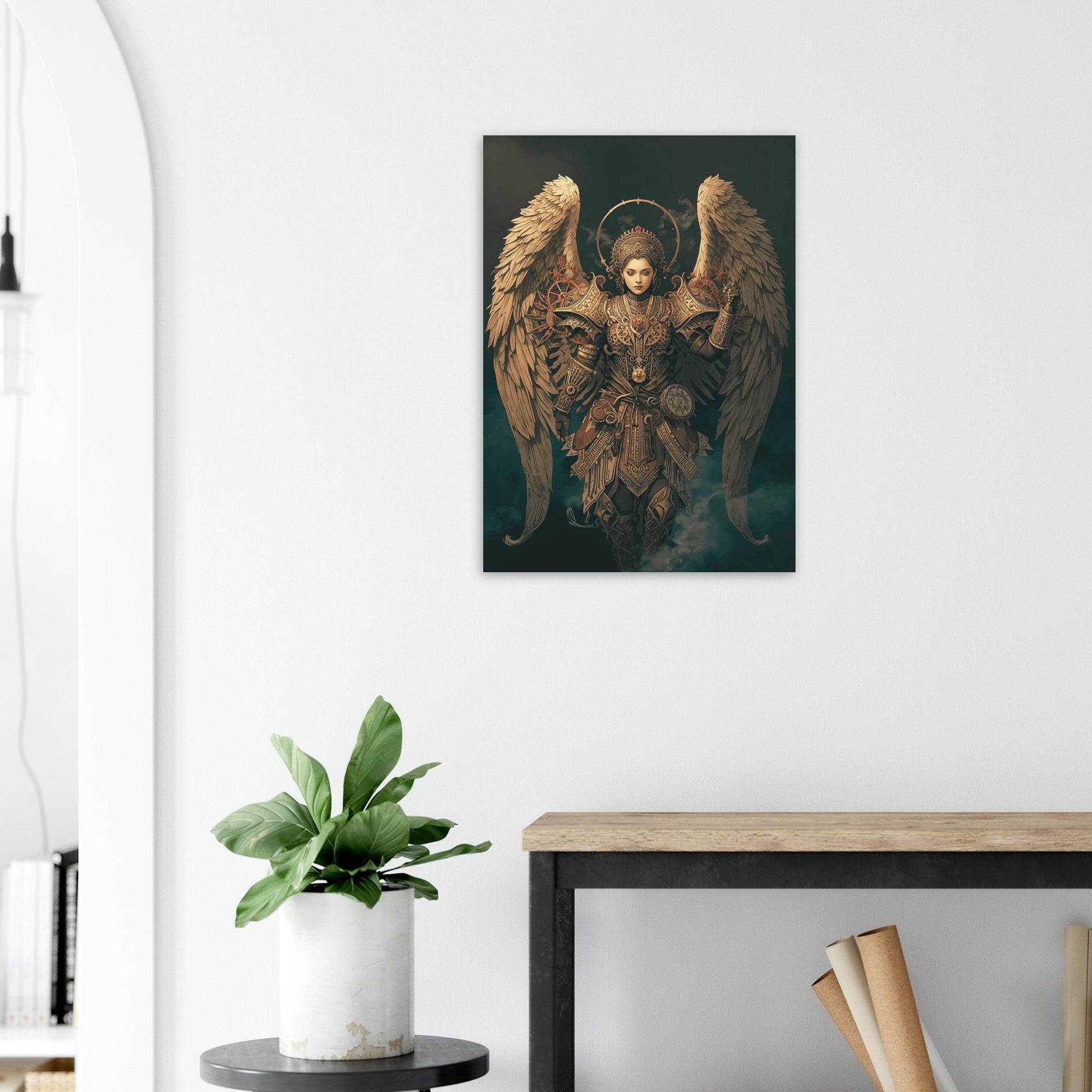 Framed artwork of an angel on a white wall above a table with a plant.