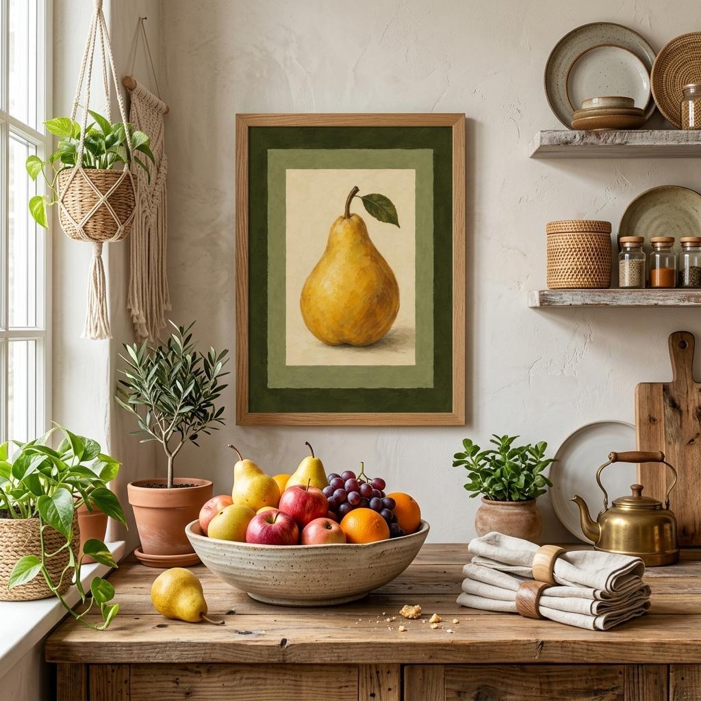 A framed still life painting of a yellow pear hangs on a textured cream wall above a rustic wooden table filled with fruit and surrounded by potted plants, shelves, and kitchen decor.