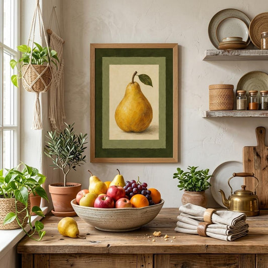 A framed still life painting of a yellow pear hangs on a textured cream wall above a rustic wooden table filled with fruit and surrounded by potted plants, shelves, and kitchen decor.