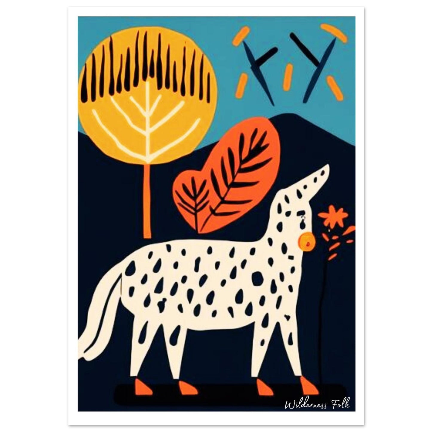 Colorful illustration of a spotted animal with abstract leaves and trees on a blue background