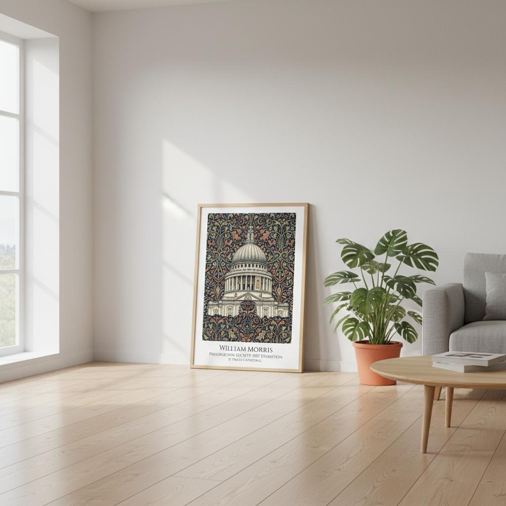 Framed artwork on a wall in a modern living room with a plant and coffee table.