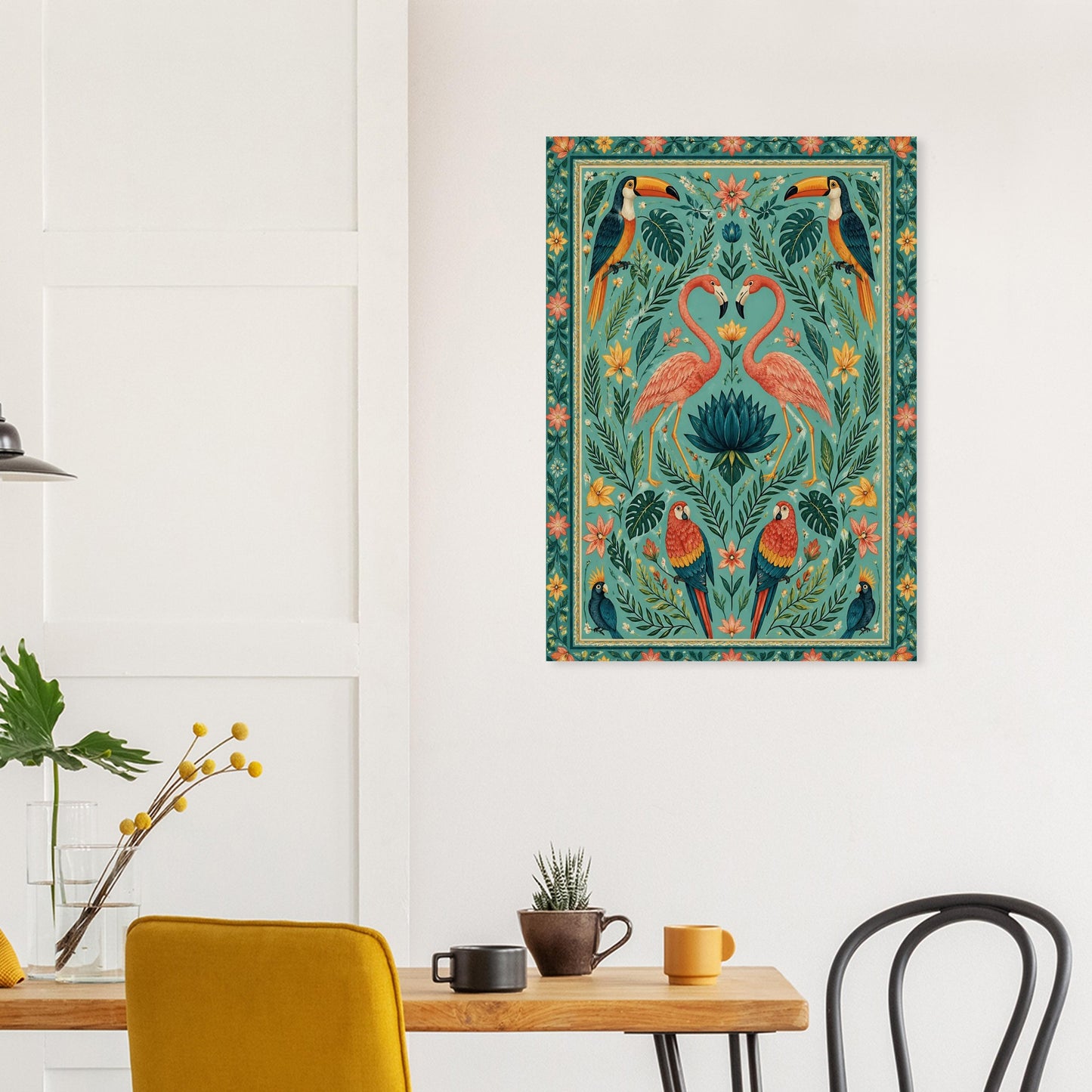 Flamingo and toucan folk art print displayed in bright dining room with clean white interior