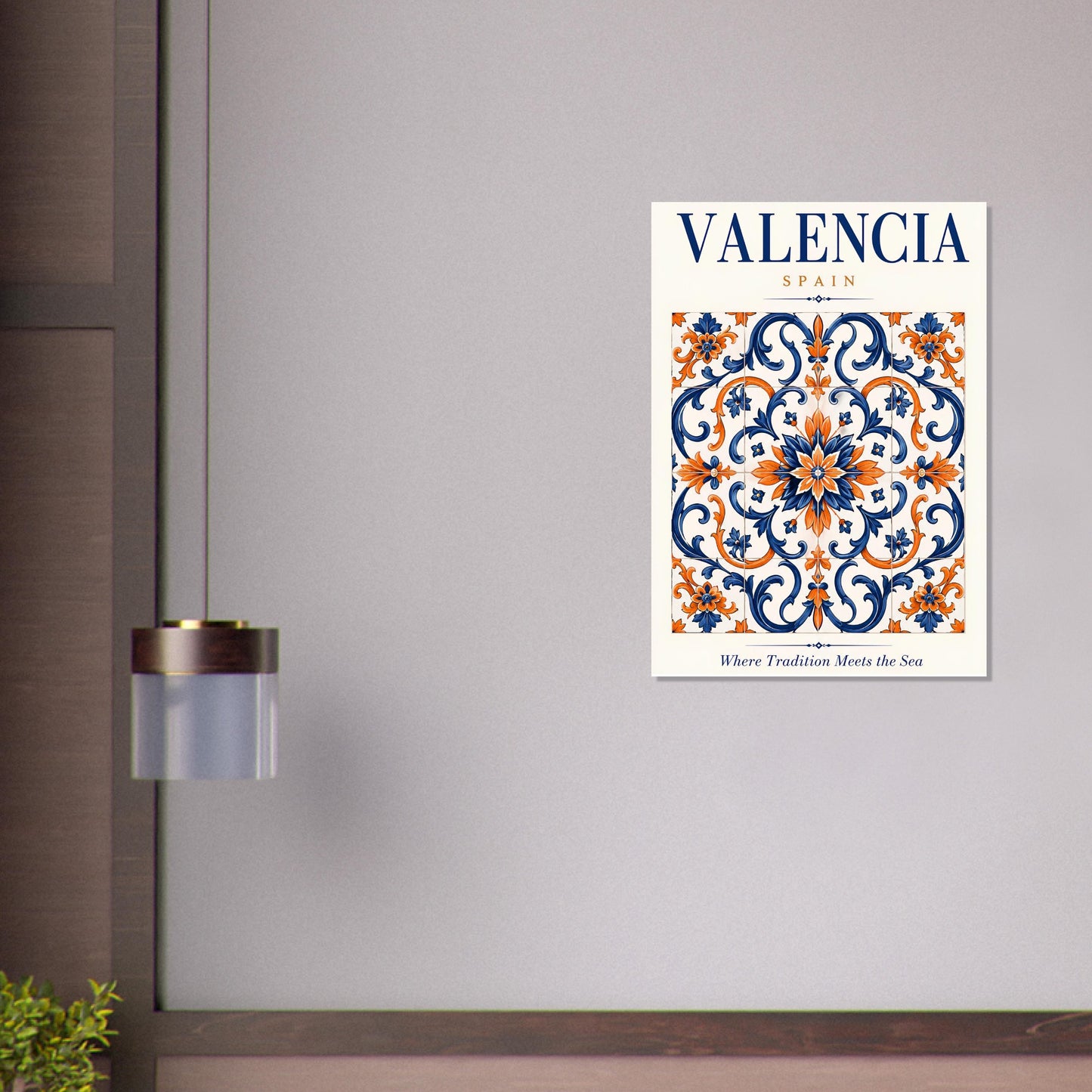 Valencia Spanish tile print displayed on a modern neutral wall with contemporary interior decor.