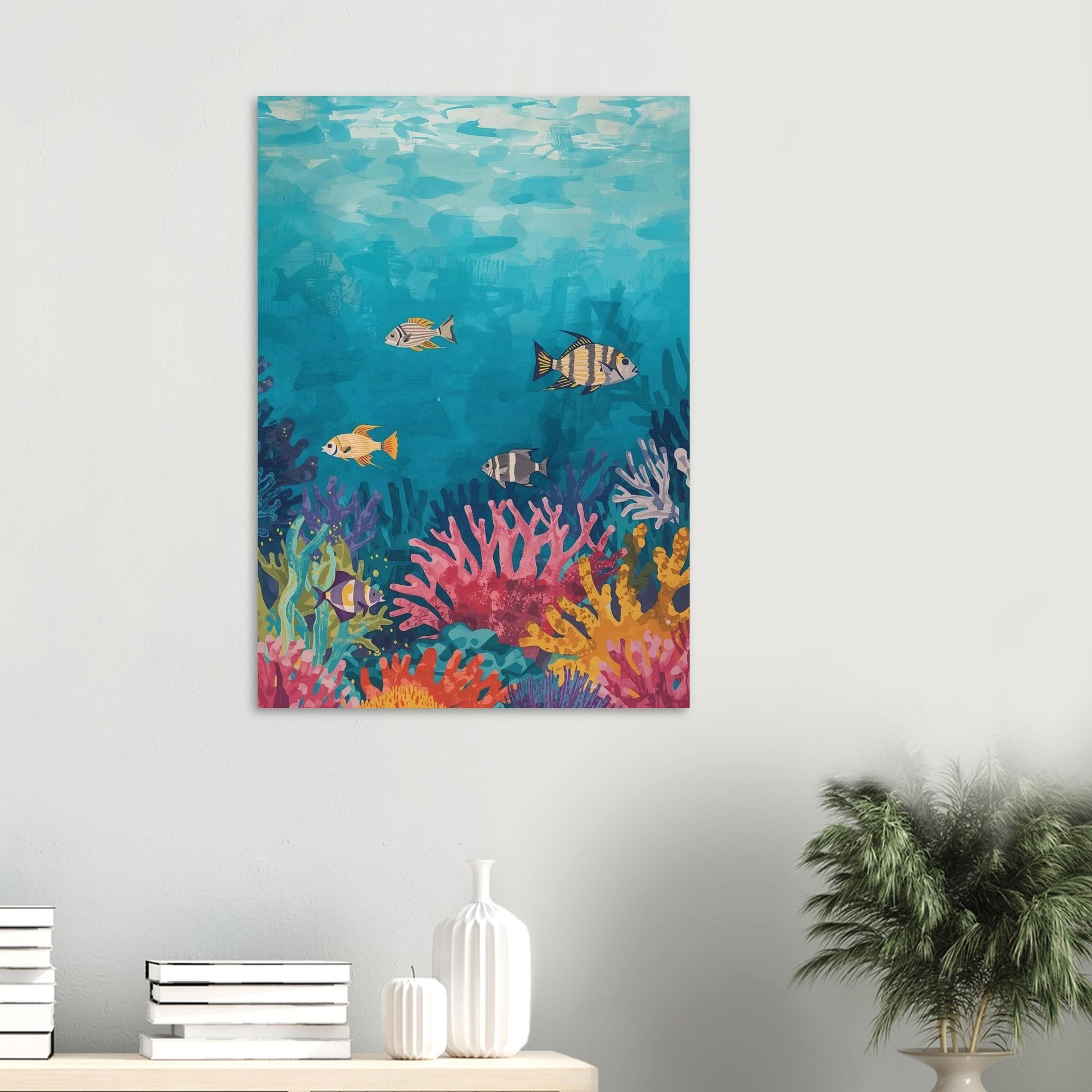 Colorful underwater scene painting with fish and coral on a wall above a shelf.