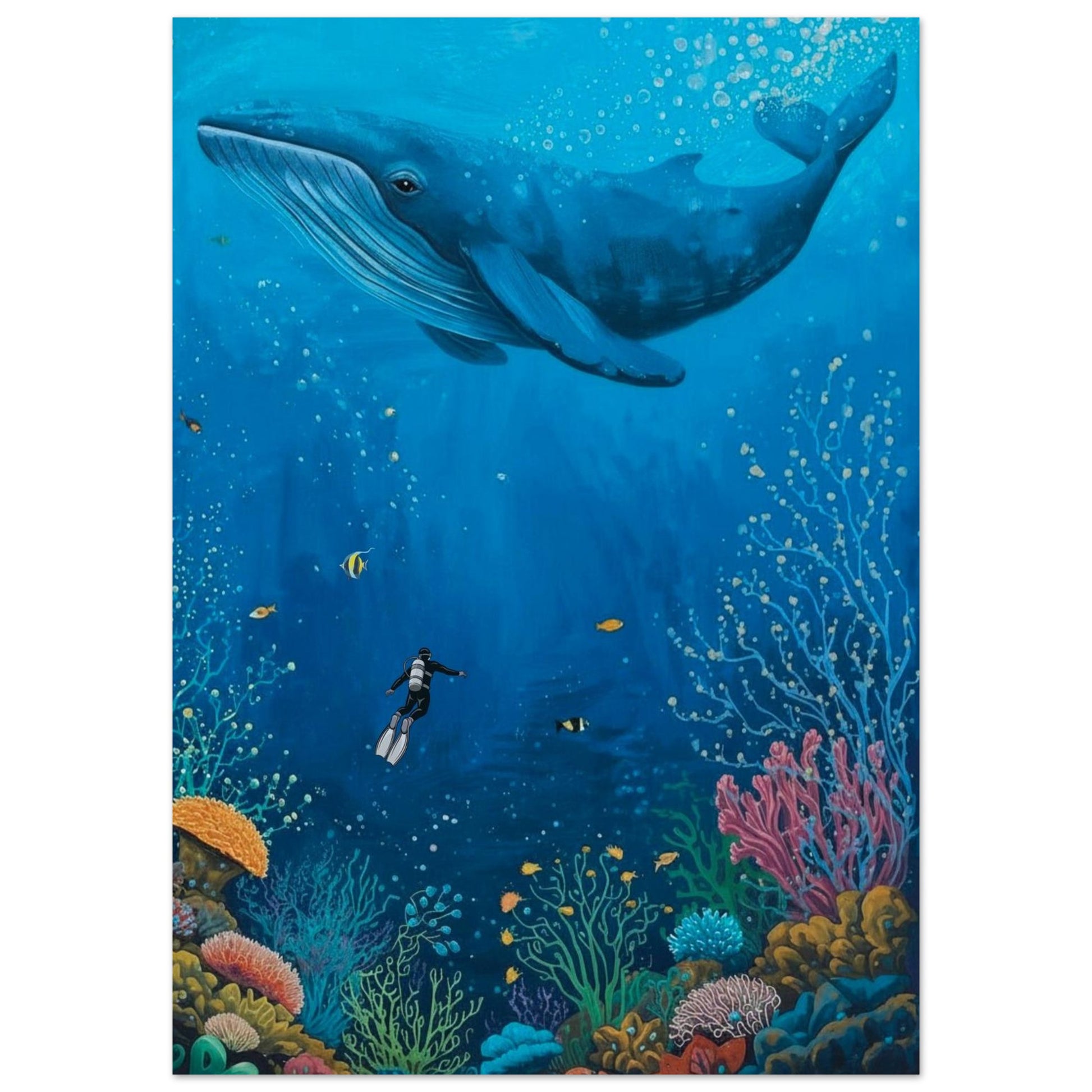 Whale underwater with a diver and colorful coral reef