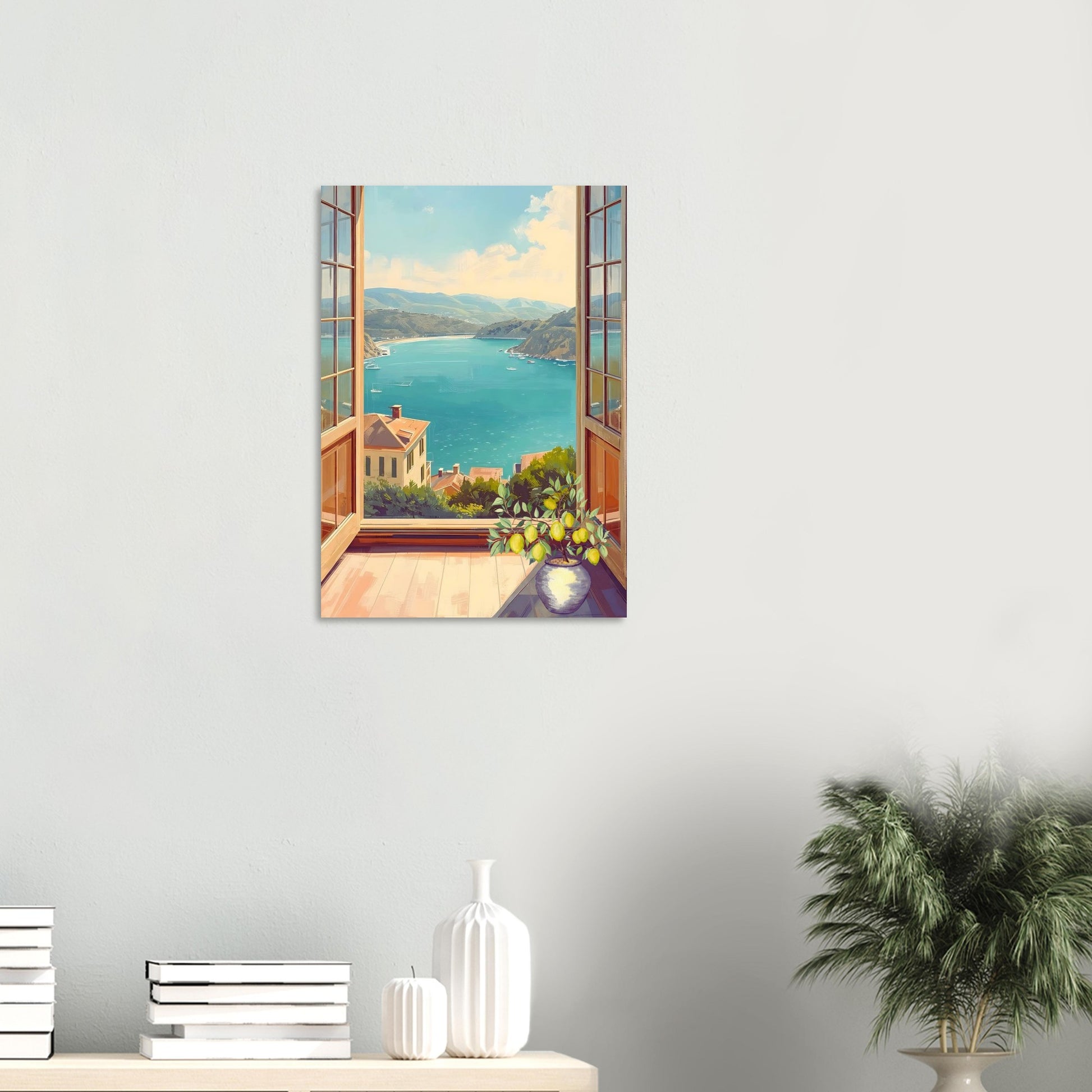 Canvas print of a scenic view with a house and ocean, displayed on a wall.